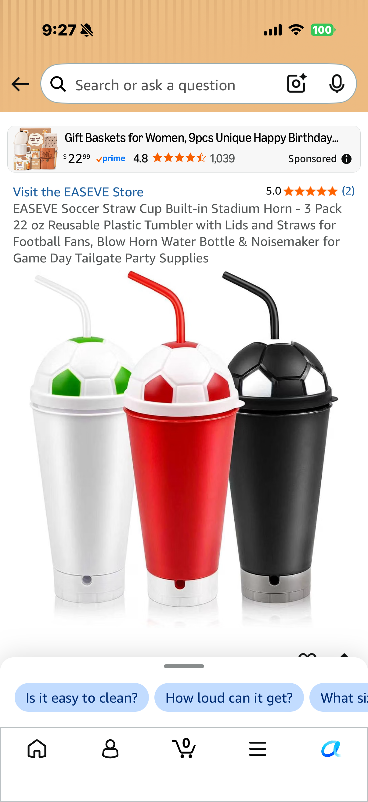 EASEVE Soccer Straw Cup Built-in Stadium Horn - 3 Pack 22 oz Reusable Plastic Tumbler with Lids and Straws for Football Fans, Blow Horn Water Bottle & Noisemaker for Game Day Tailgate Party Supplies