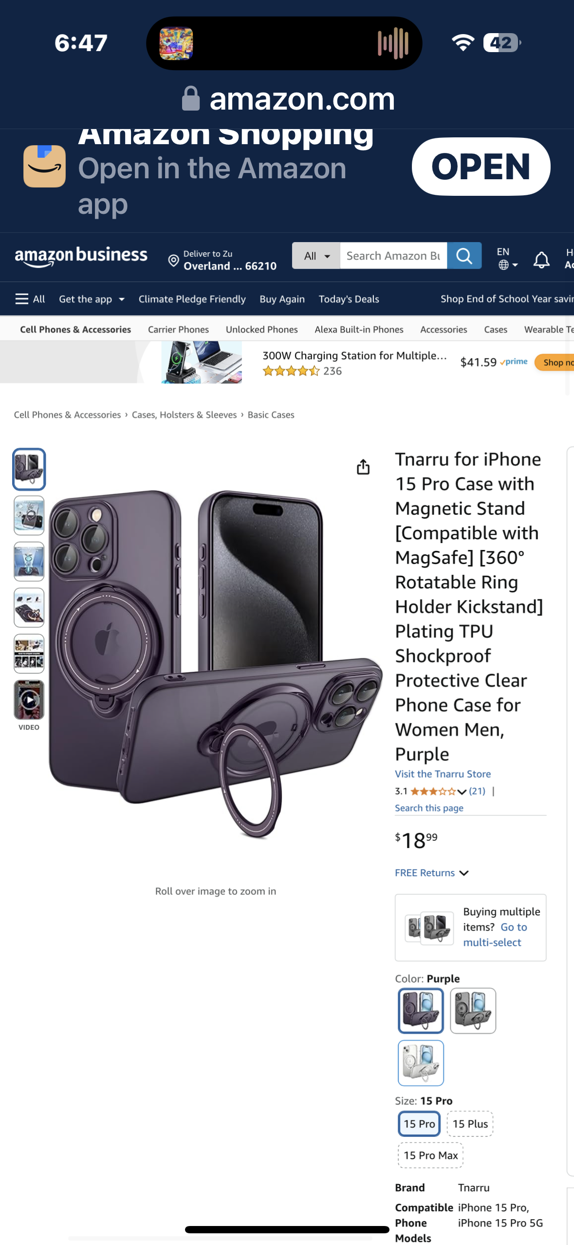 Tnarru for iPhone 15 Pro Max Case with Magnetic Stand [Compatible with MagSafe] [360° Rotatable Ring Holder Kickstand] Plating TPU Shockproof Protective Clear Phone Case for Women Men, Purple