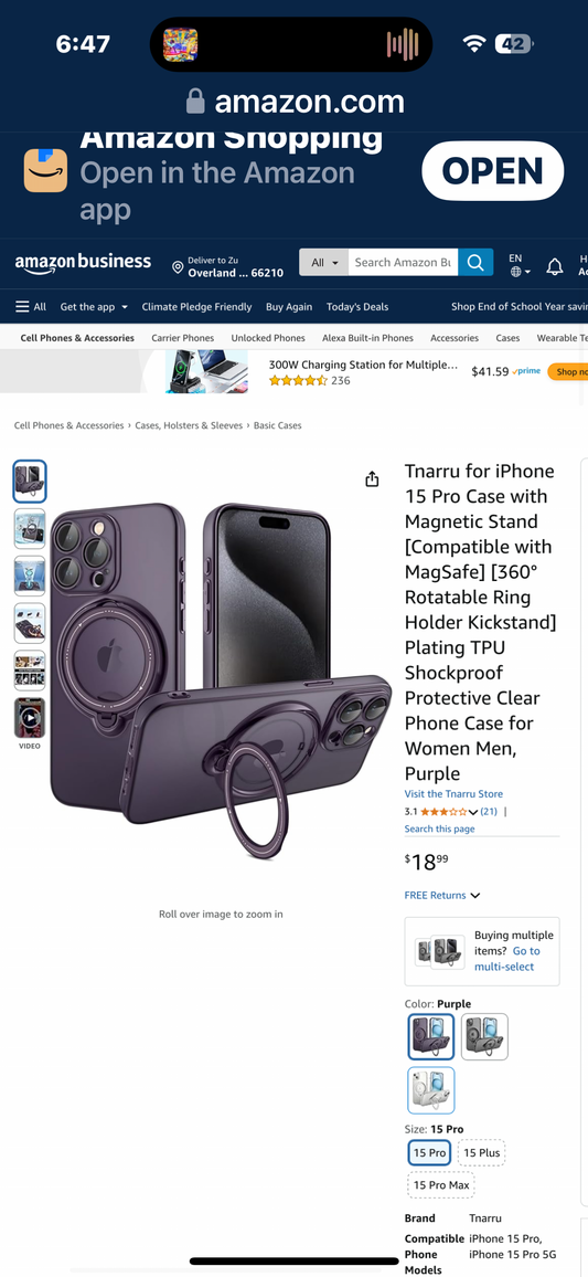 Tnarru for iPhone 15 Pro Max Case with Magnetic Stand [Compatible with MagSafe] [360° Rotatable Ring Holder Kickstand] Plating TPU Shockproof Protective Clear Phone Case for Women Men, Purple