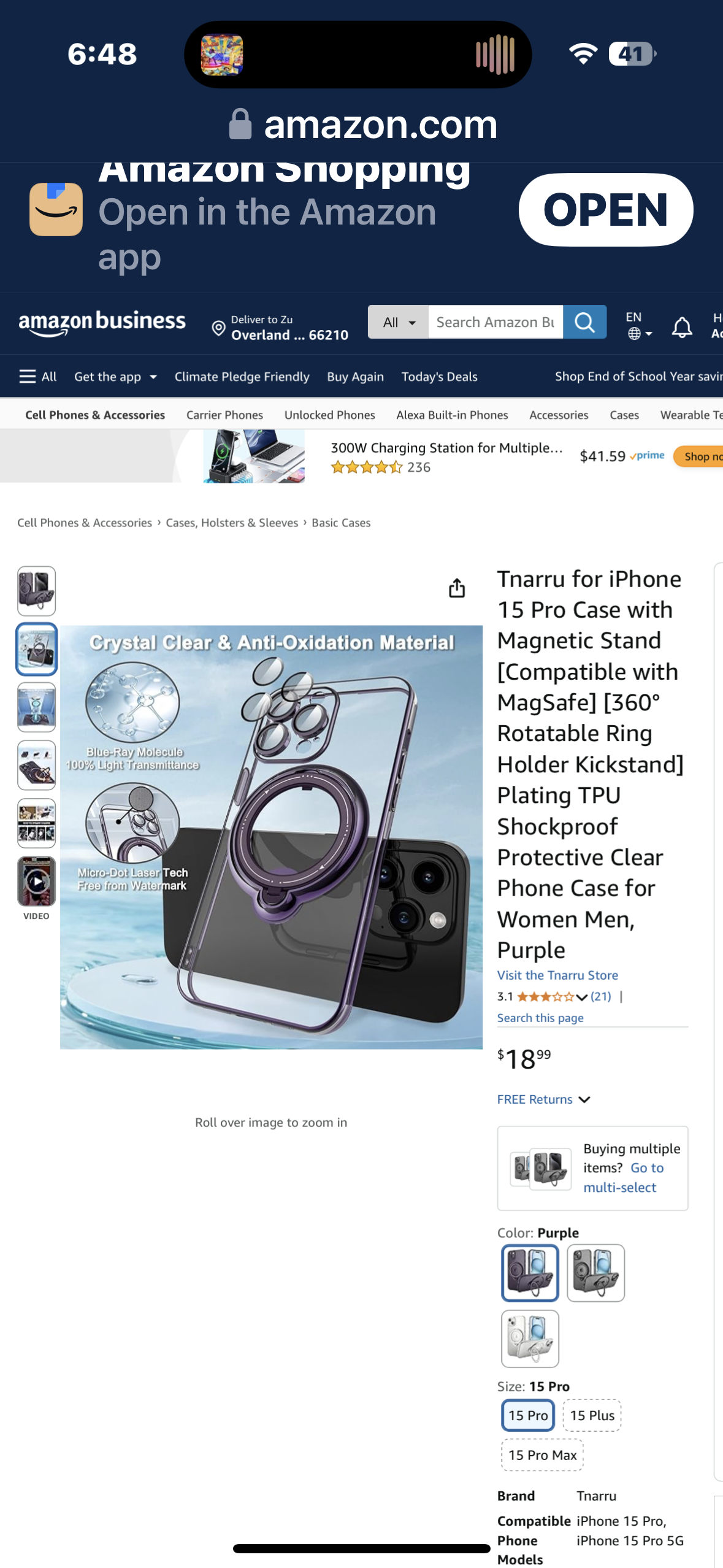 Tnarru for iPhone 15 Pro Max Case with Magnetic Stand [Compatible with MagSafe] [360° Rotatable Ring Holder Kickstand] Plating TPU Shockproof Protective Clear Phone Case for Women Men, Purple