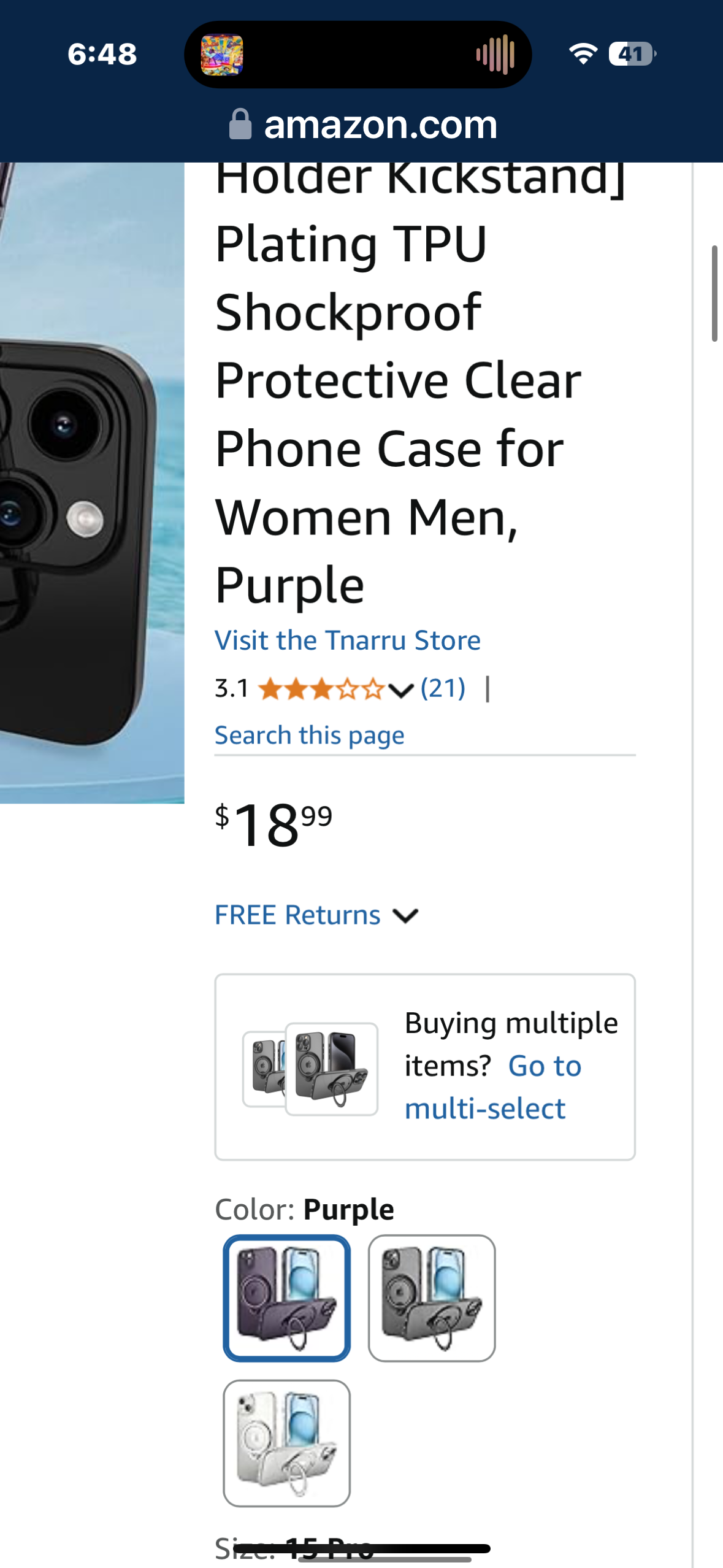 Tnarru for iPhone 15 Pro Max Case with Magnetic Stand [Compatible with MagSafe] [360° Rotatable Ring Holder Kickstand] Plating TPU Shockproof Protective Clear Phone Case for Women Men, Purple