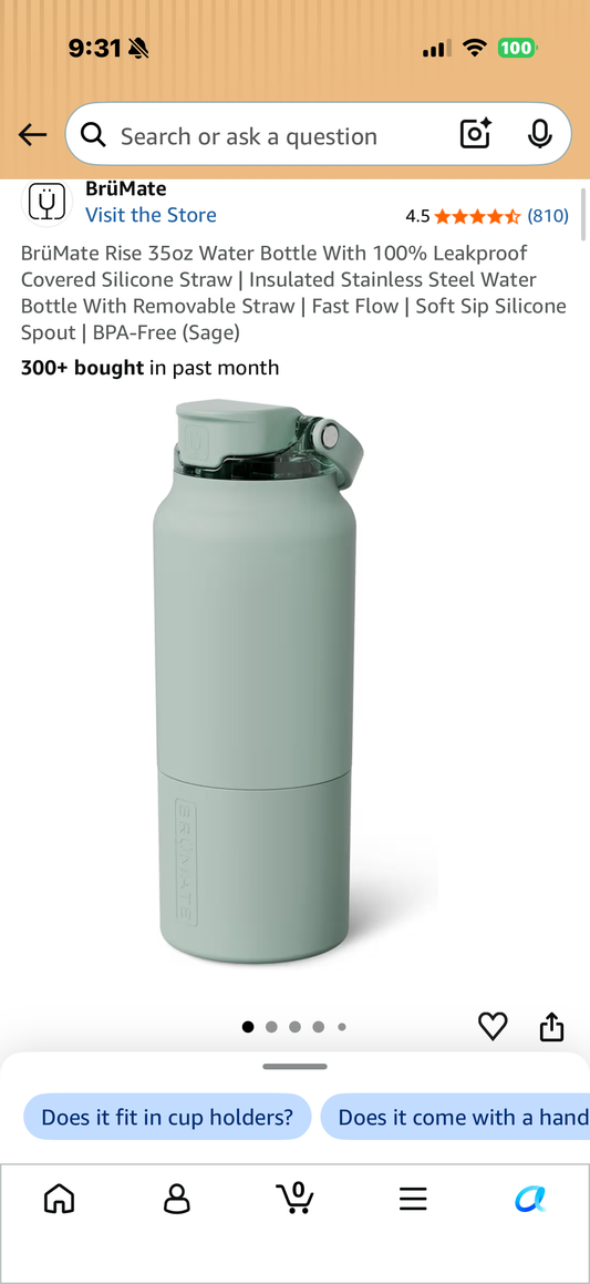 BrüMate Rise 35oz Water Bottle With 100% Leakproof Covered Silicone Straw | Insulated Stainless Steel Water Bottle With Removable Straw | Fast Flow | Soft Sip Silicone Spout | BPA-Free (Sage)