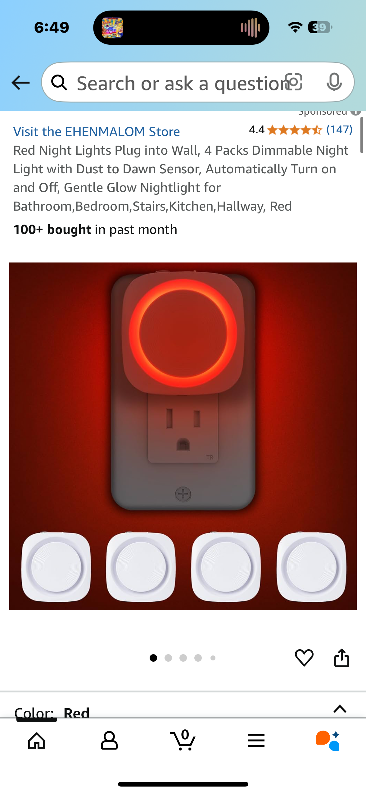 Red Night Lights Plug into Wall, 4 Packs Dimmable Night Light with Dust to Dawn Sensor, Automatically Turn on and Off, Gentle Glow Nightlight for Bathroom,Bedroom,Stairs,Kitchen,Hallway, Red