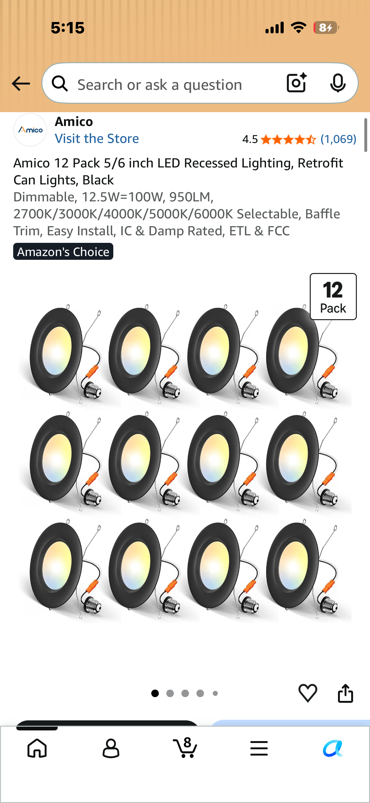 Amico 12 Pack 5/6 inch LED Recessed Lighting, Retrofit Can Lights, Black Dimmable, 12.5W=100W, 950LM, 2700K/3000K/4000K/5000K/6000K Selectable, Baffle Trim, Easy Install, IC & Damp Rated, ETL & FCC