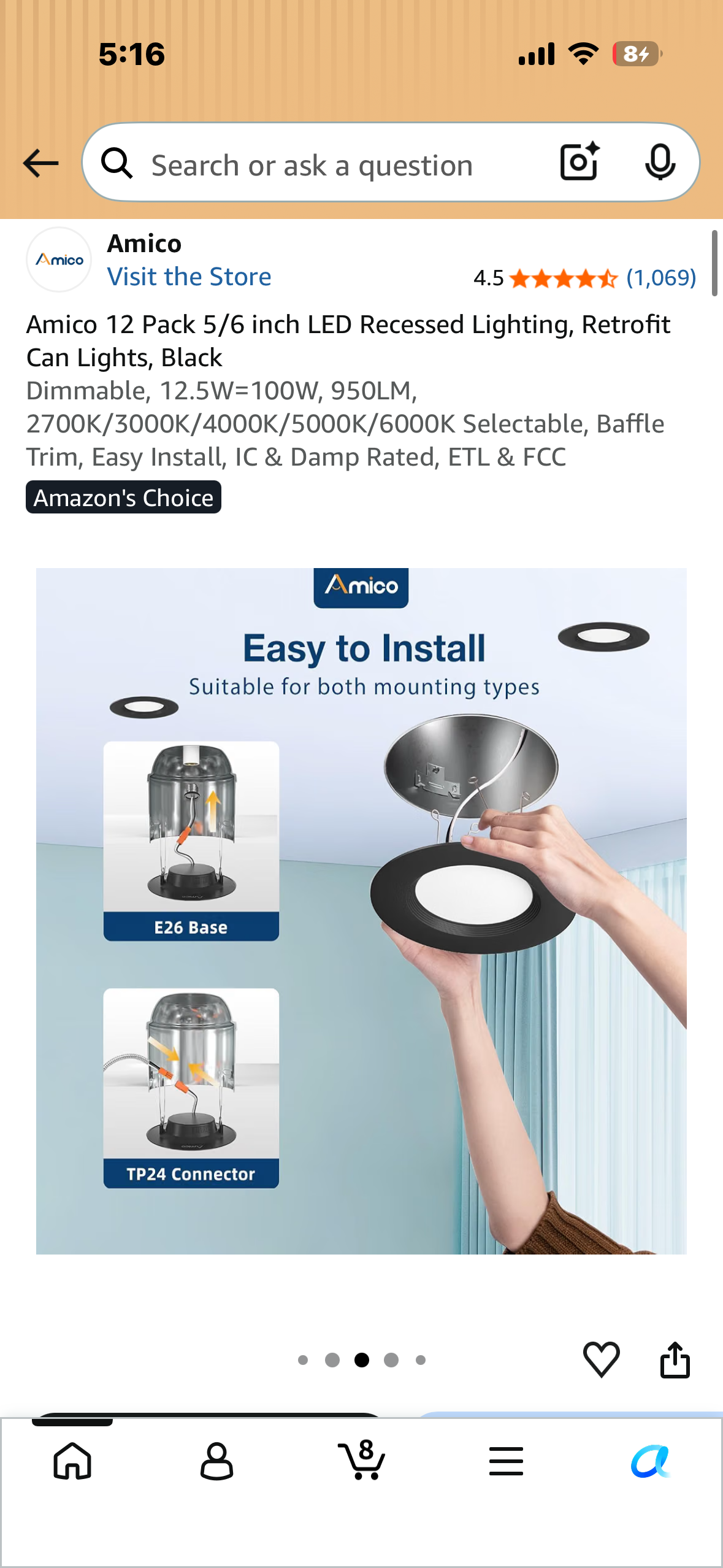 Amico 12 Pack 5/6 inch LED Recessed Lighting, Retrofit Can Lights, Black Dimmable, 12.5W=100W, 950LM, 2700K/3000K/4000K/5000K/6000K Selectable, Baffle Trim, Easy Install, IC & Damp Rated, ETL & FCC