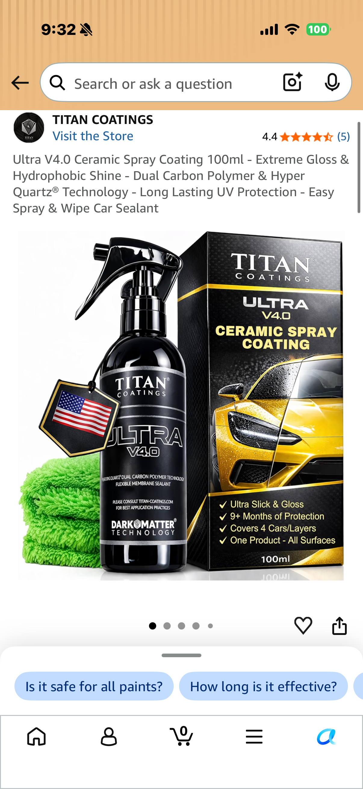 Ultra V4.0 Ceramic Spray Coating 100ml - Extreme Gloss & Hydrophobic Shine - Dual Carbon Polymer & Hyper Quartz® Technology - Long Lasting UV Protection - Easy Spray & Wipe Car Sealant