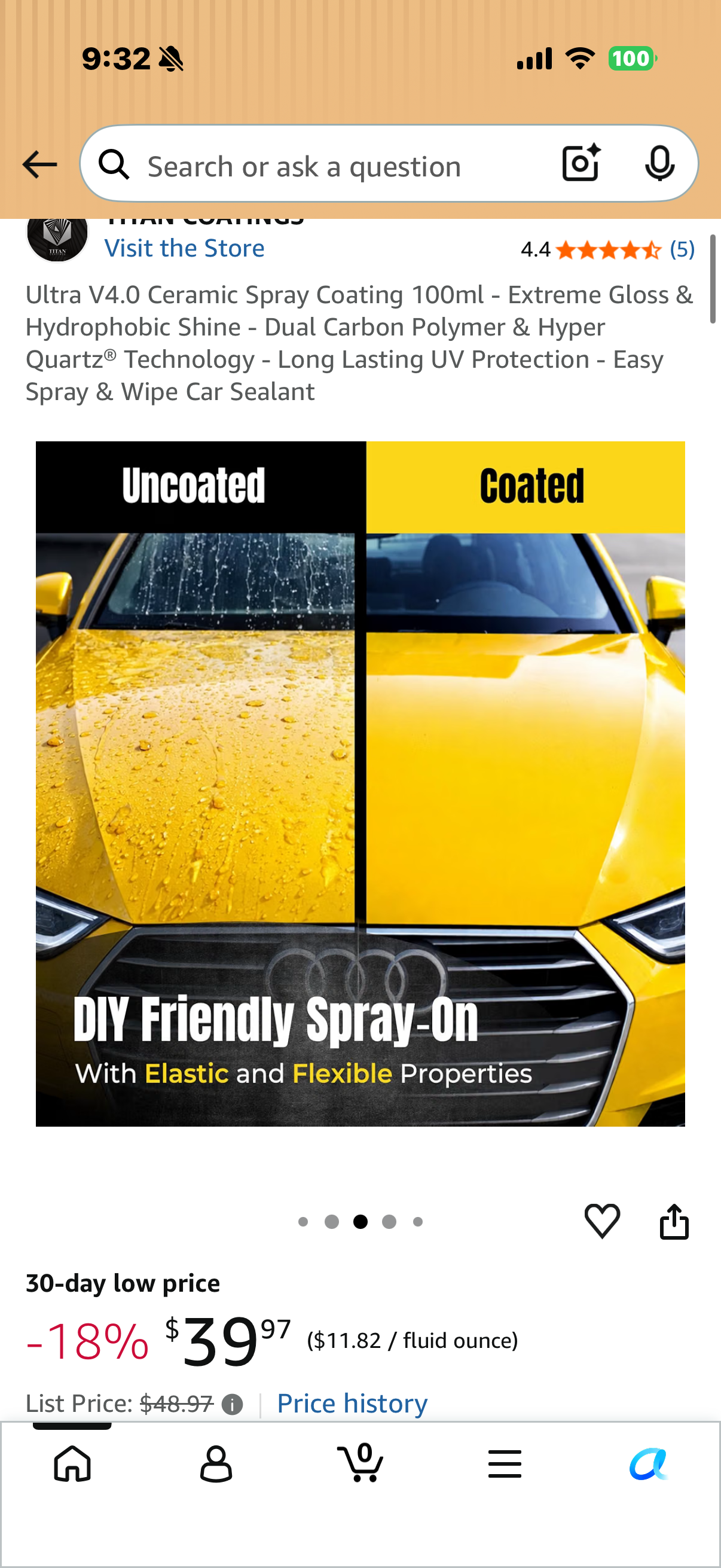 Ultra V4.0 Ceramic Spray Coating 100ml - Extreme Gloss & Hydrophobic Shine - Dual Carbon Polymer & Hyper Quartz® Technology - Long Lasting UV Protection - Easy Spray & Wipe Car Sealant