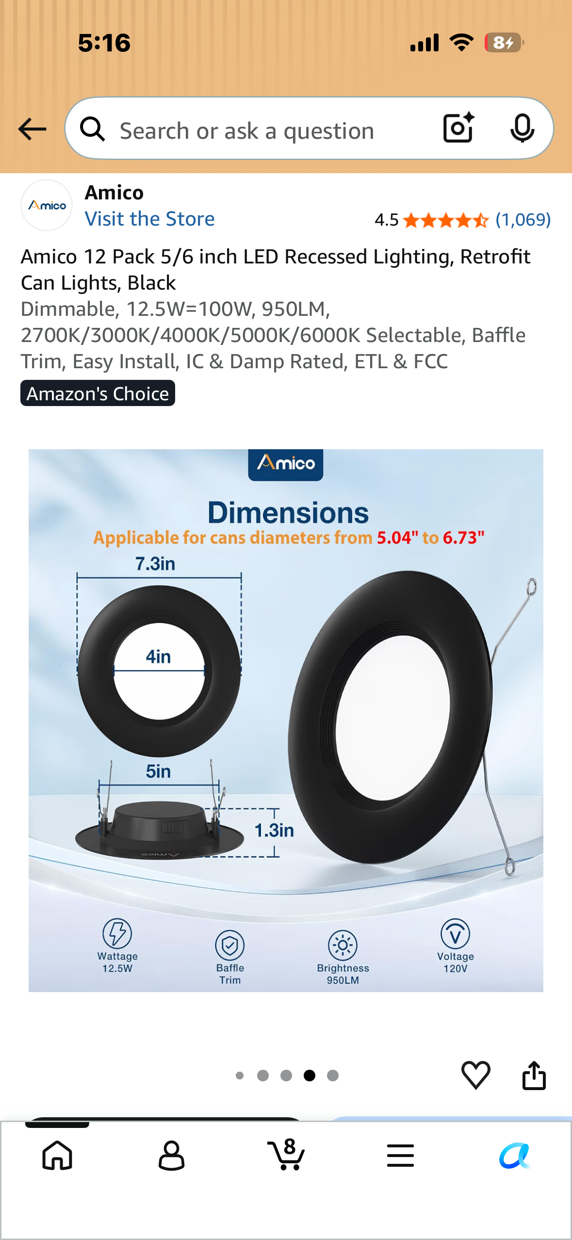 Amico 12 Pack 5/6 inch LED Recessed Lighting, Retrofit Can Lights, Black Dimmable, 12.5W=100W, 950LM, 2700K/3000K/4000K/5000K/6000K Selectable, Baffle Trim, Easy Install, IC & Damp Rated, ETL & FCC