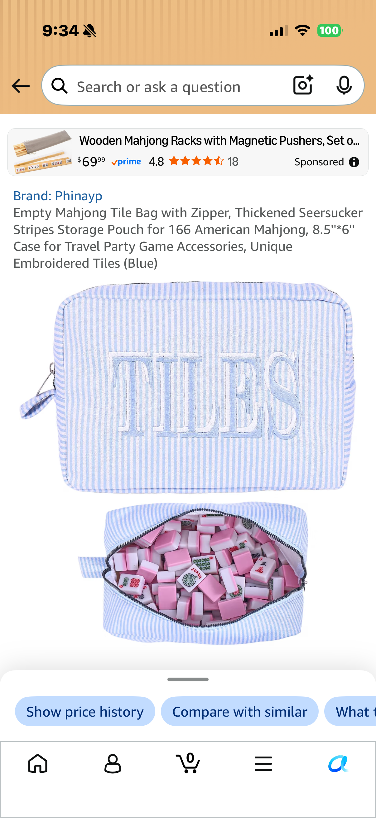 Empty Mahjong Tile Bag with Zipper, Thickened Seersucker Stripes Storage Pouch for 166 American Mahjong, 8.5''*6'' Case for Travel Party Game Accessories, Unique Embroidered Tiles (Blue)