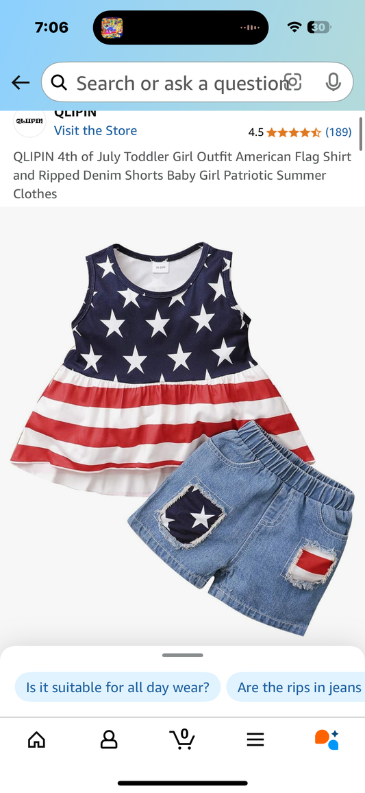 QLIPIN 4th of July Toddler Girl Outfit American Flag Shirt and Ripped Denim Shorts Baby Girl Patriotic Summer Clothes