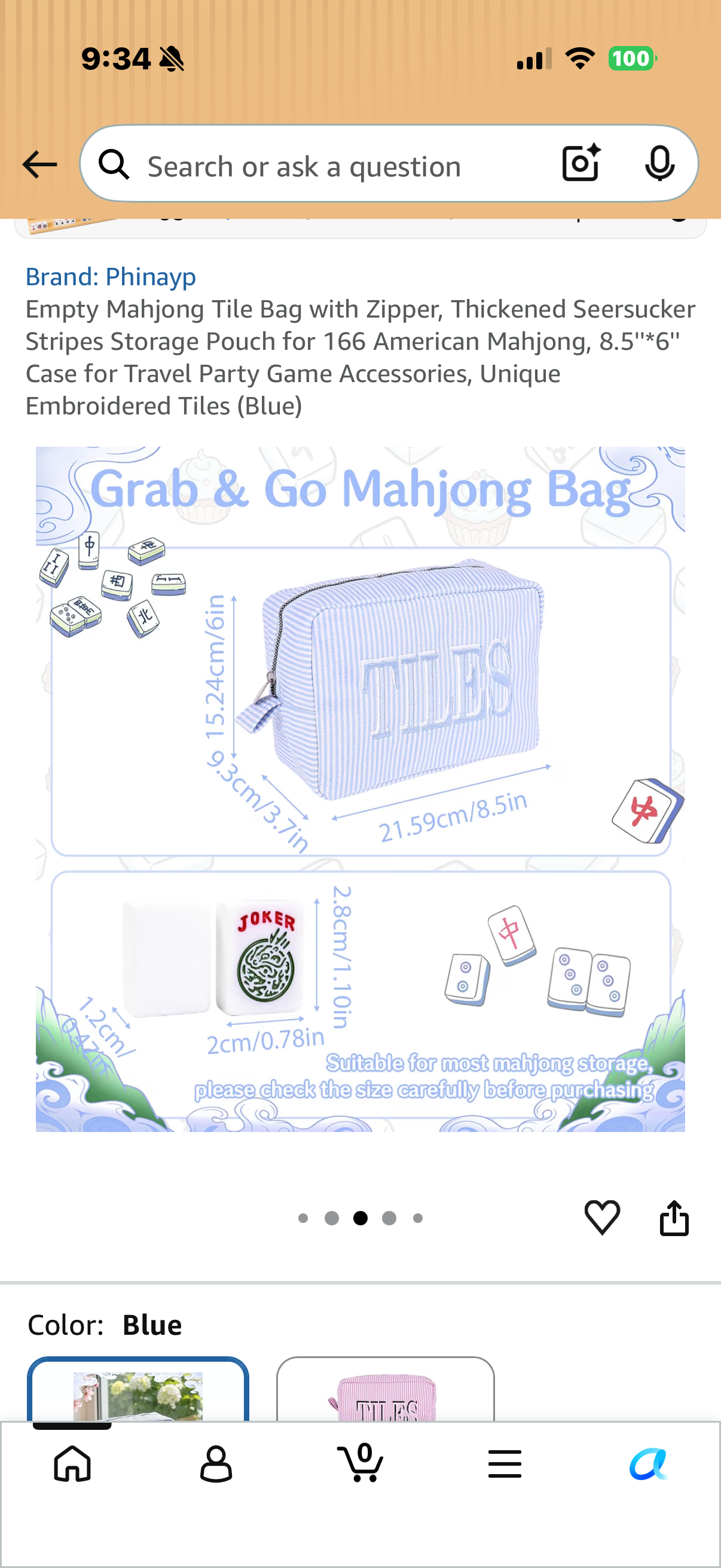 Empty Mahjong Tile Bag with Zipper, Thickened Seersucker Stripes Storage Pouch for 166 American Mahjong, 8.5''*6'' Case for Travel Party Game Accessories, Unique Embroidered Tiles (Blue)