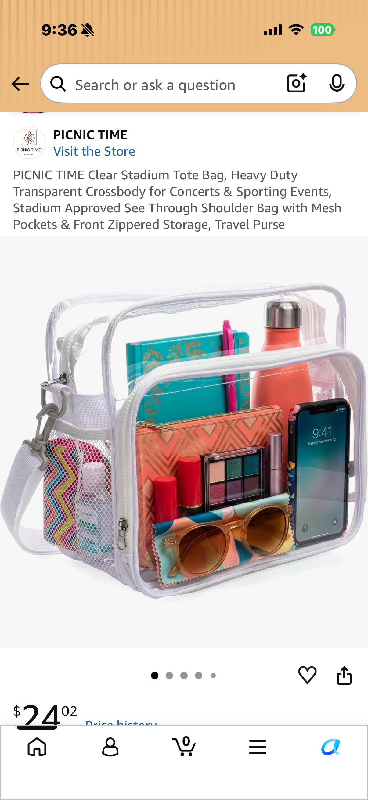 PICNIC TIME Clear Stadium Tote Bag, Heavy Duty Transparent Crossbody for Concerts & Sporting Events, Stadium Approved See Through Shoulder Bag with Mesh Pockets & Front Zippered Storage, Travel Purse