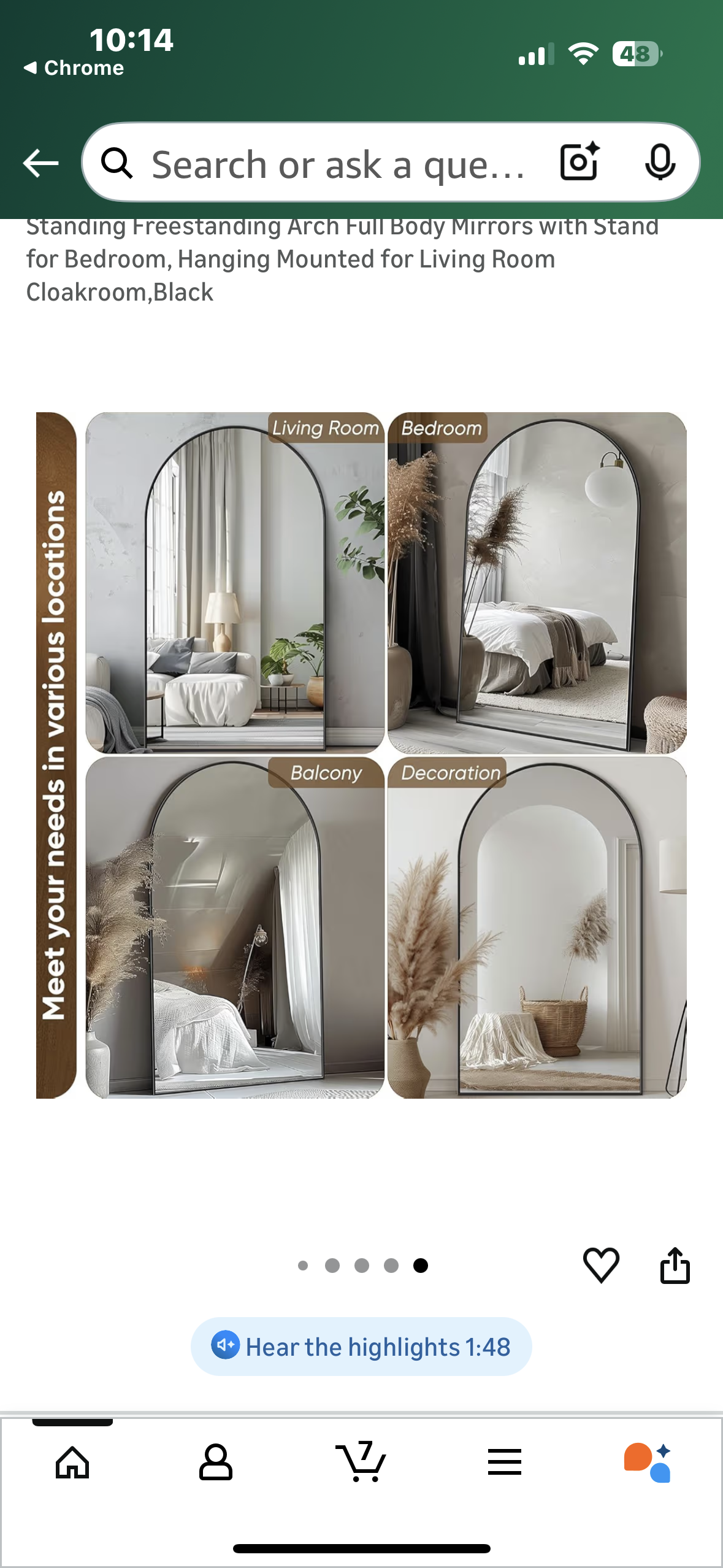Antok Arched Full Length Floor Mirror 72"x44" Full Body Mirror with Stand, for Bedroom, Living Room, Cloakroom, Black (M423)