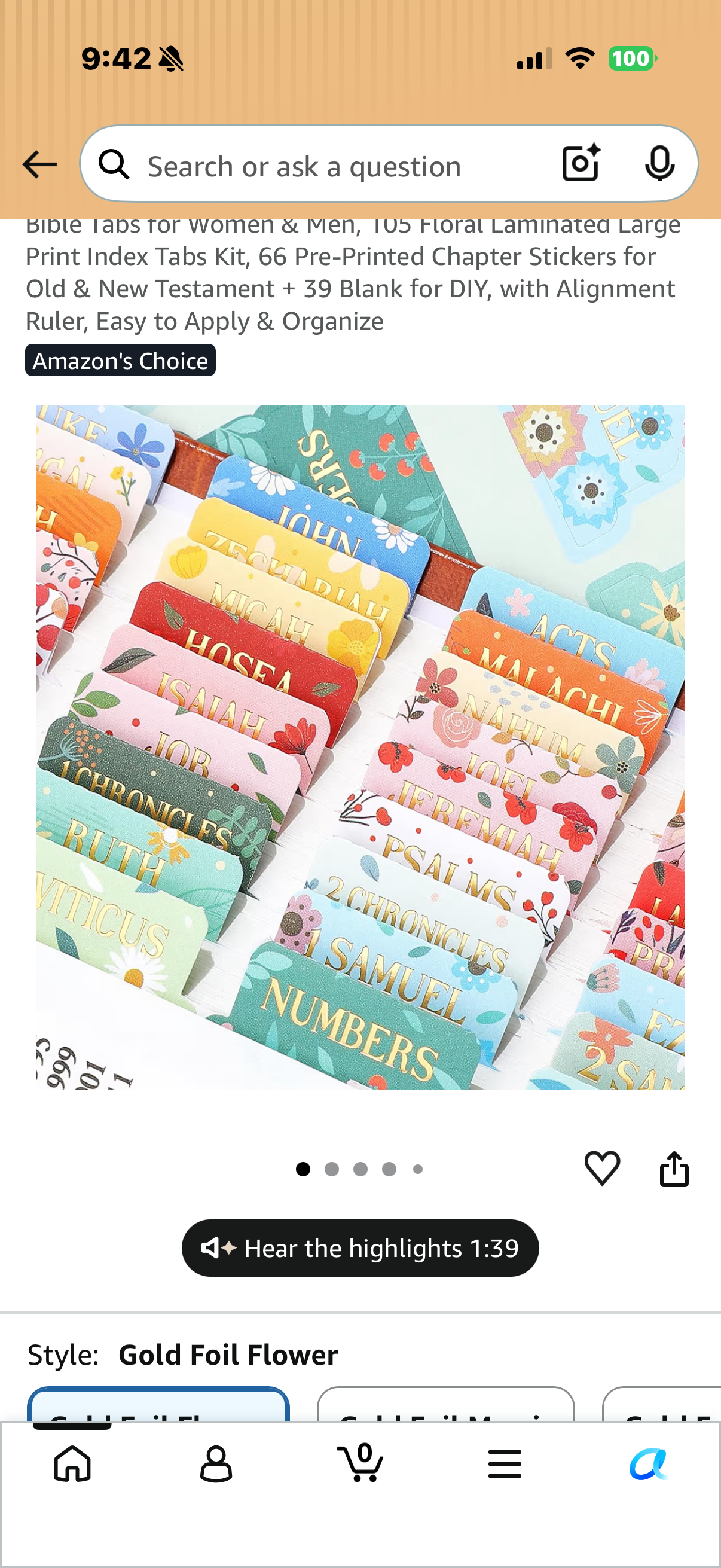 Bible Tabs, 105 Floral Laminated Large Print Index Tabs Kit, 66 Pre-Printed Chapter Stickers for Old & New Testament + 39 Blank for DIY, with Alignment Ruler, Easy to Apply & Organize