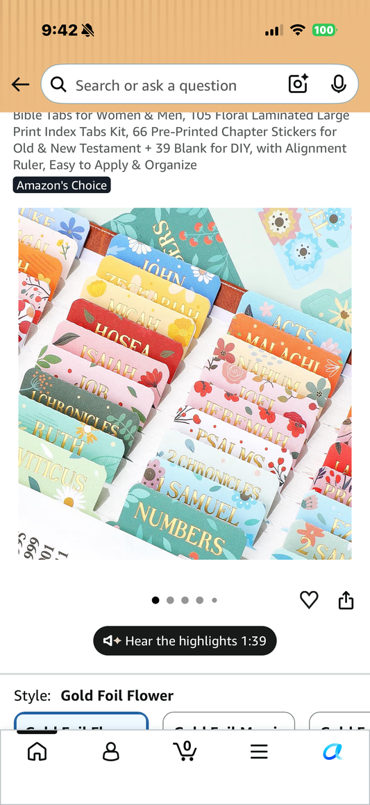 Bible Tabs, 105 Floral Laminated Large Print Index Tabs Kit, 66 Pre-Printed Chapter Stickers for Old & New Testament + 39 Blank for DIY, with Alignment Ruler, Easy to Apply & Organize