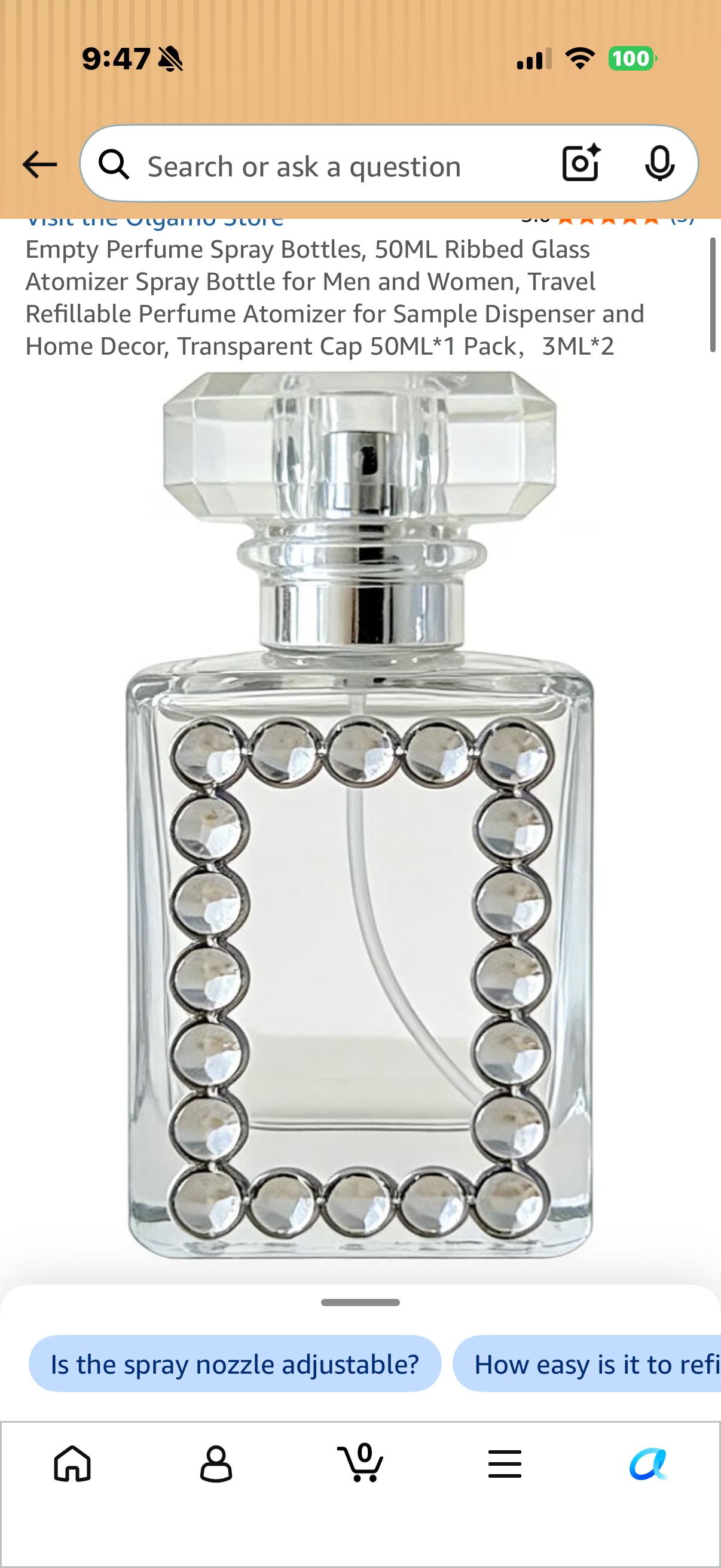 Perfume Spray Bottles, 50ML Ribbed Glass Atomizer Spray Bottle for Men and Women, Travel Refillable Perfume Atomizer for Sample Dispenser and Home Decor, Transparent Cap 50ML*1 Pack，3ML