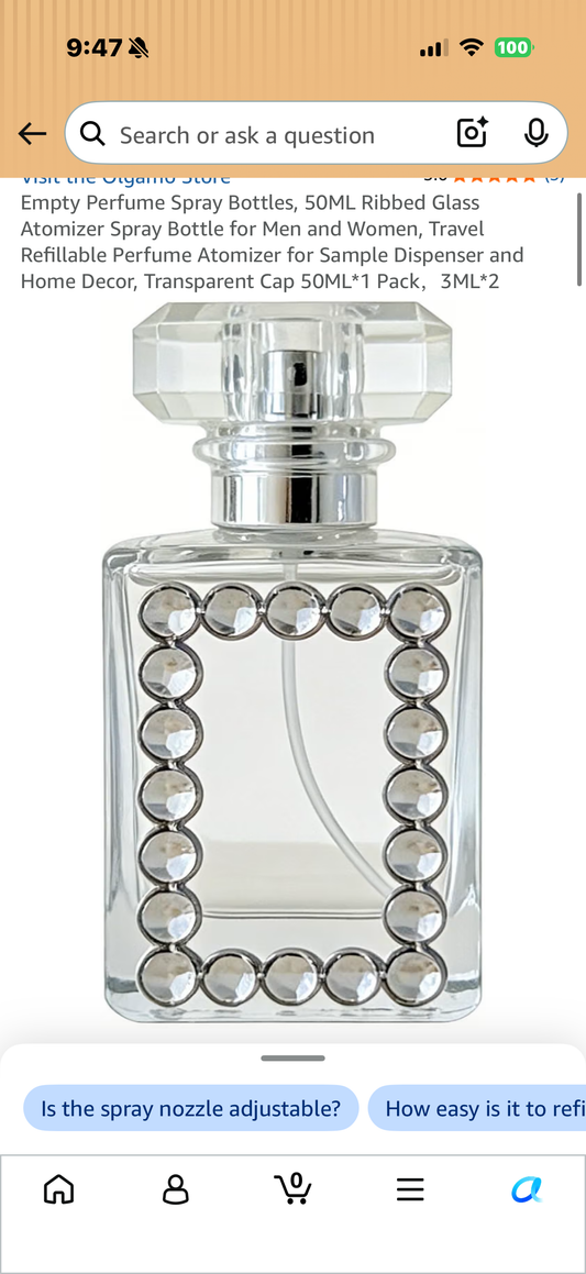 Perfume Spray Bottles, 50ML Ribbed Glass Atomizer Spray Bottle for Men and Women, Travel Refillable Perfume Atomizer for Sample Dispenser and Home Decor, Transparent Cap 50ML*1 Pack，3ML