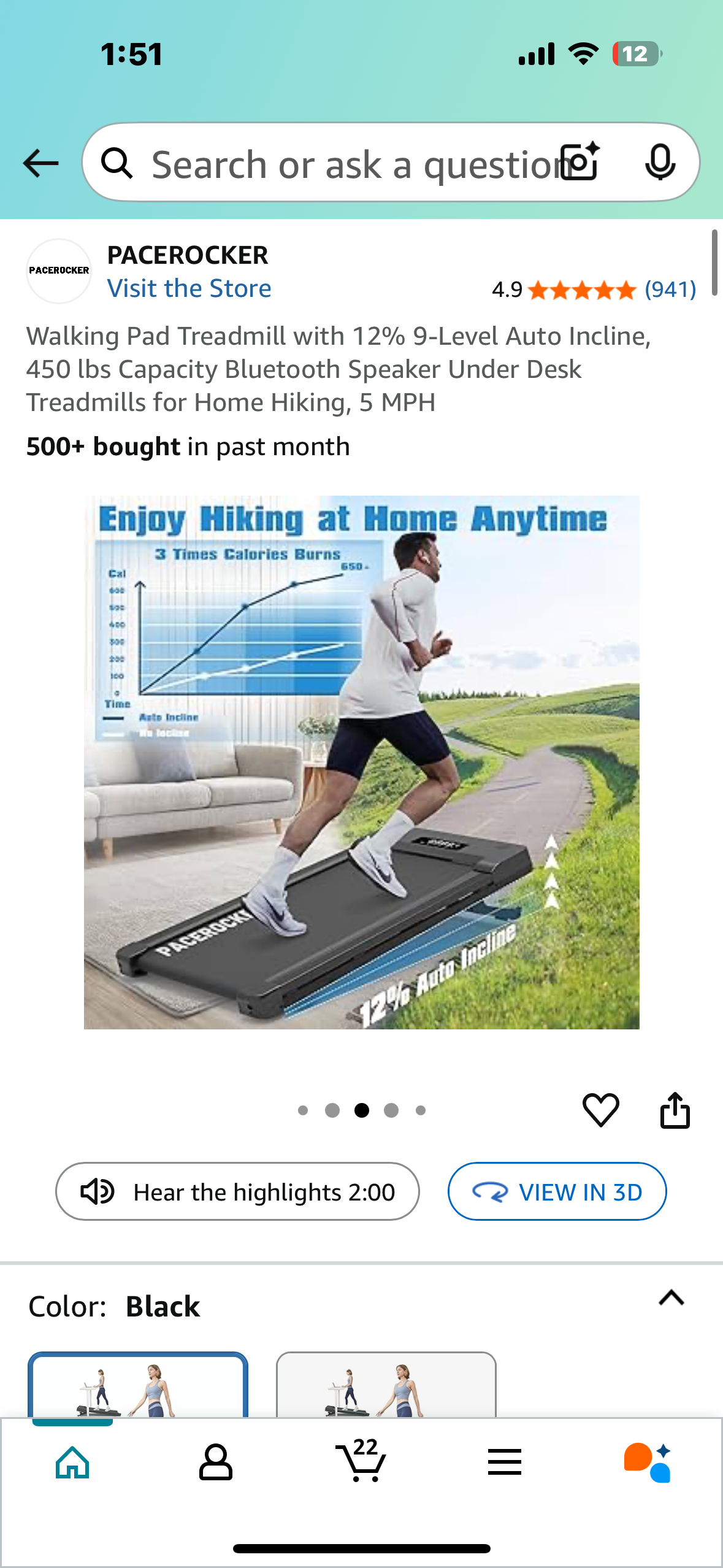 Walking Pad Treadmill with 12% 9-Level Auto Incline, 450 lbs Capacity Bluetooth Speaker, Under Desk Treadmill (W480)