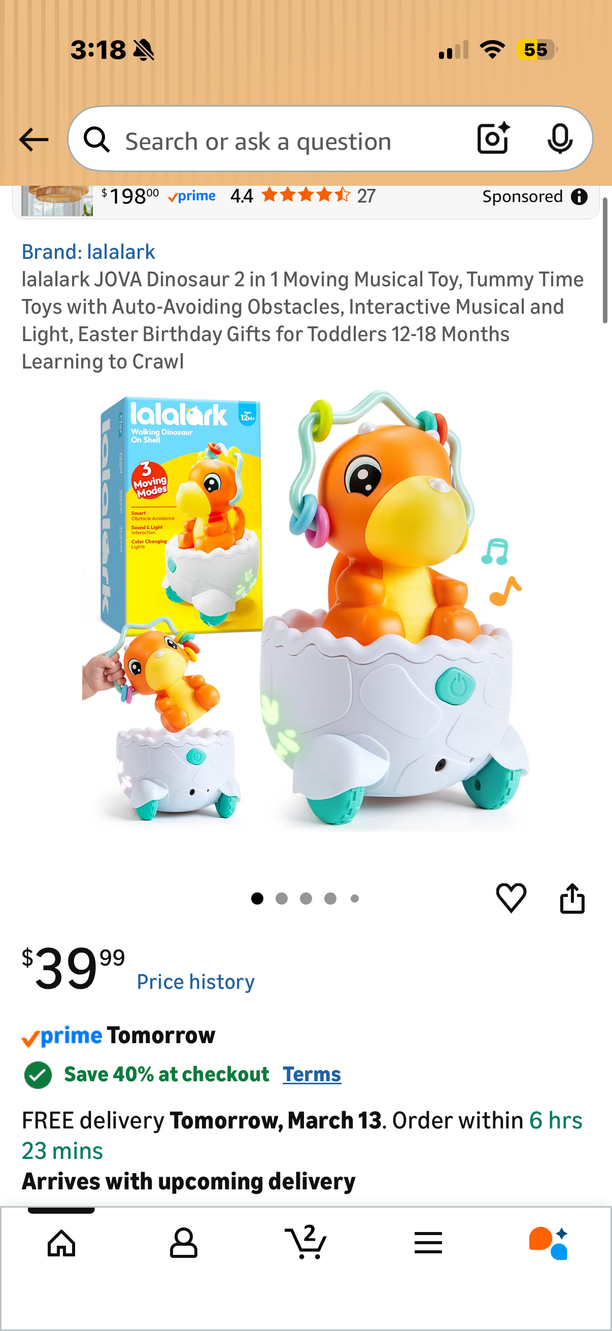 lalalark JOVA Dinosaur 2 in 1 Moving Musical Toy, Tummy Time Toys with Auto-Avoiding Obstacles, Interactive Musical and Light, Easter Birthday Gifts for Toddlers 12-18 Months Learning to Crawl