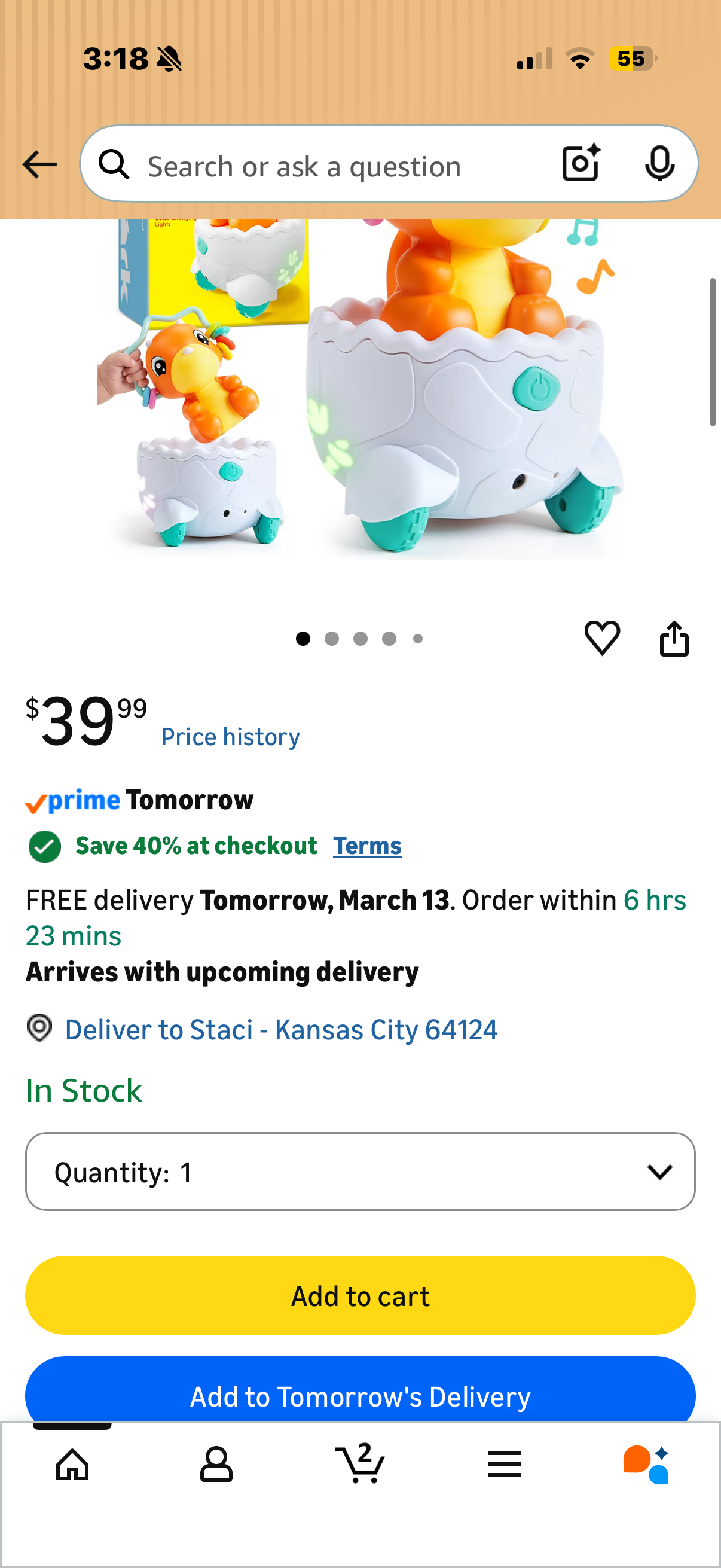 lalalark JOVA Dinosaur 2 in 1 Moving Musical Toy, Tummy Time Toys with Auto-Avoiding Obstacles, Interactive Musical and Light, Easter Birthday Gifts for Toddlers 12-18 Months Learning to Crawl