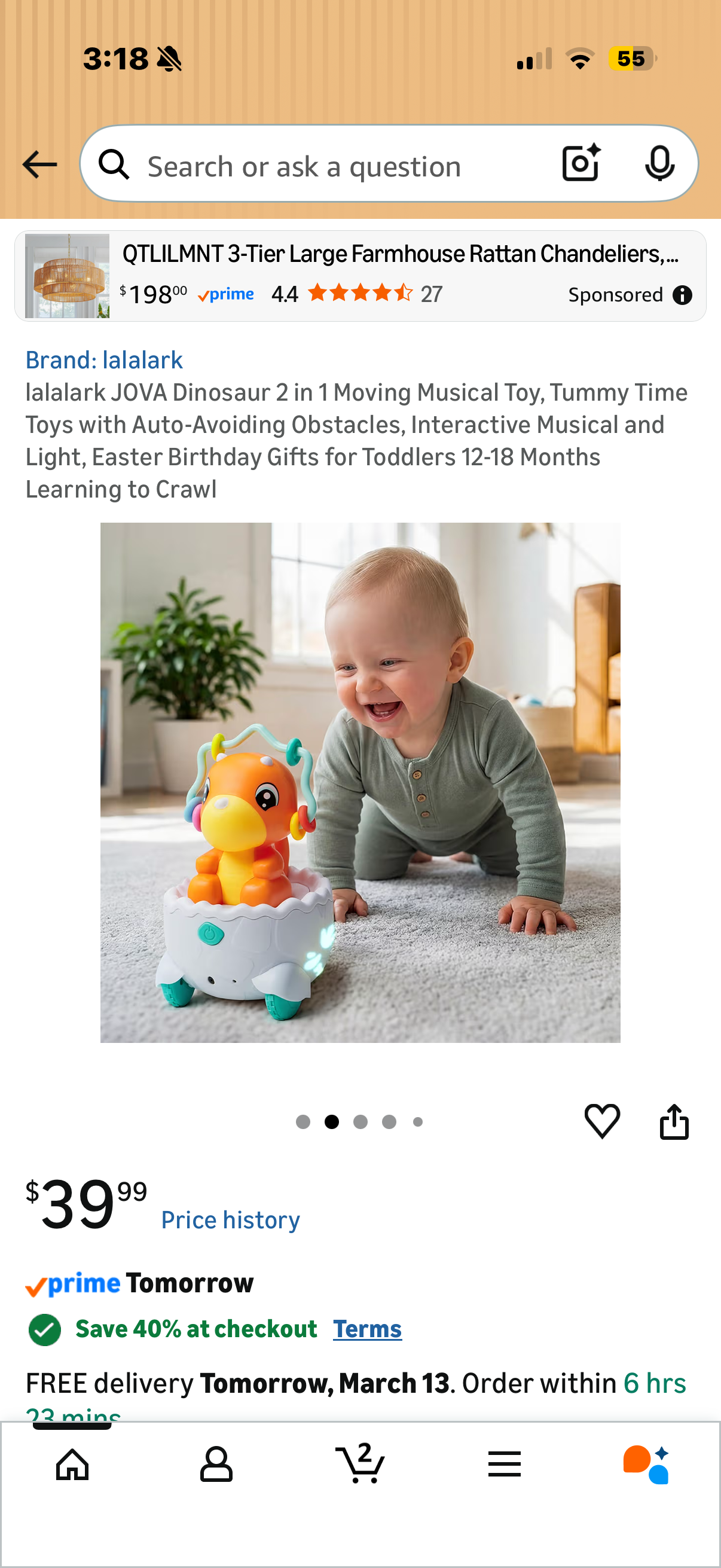 lalalark JOVA Dinosaur 2 in 1 Moving Musical Toy, Tummy Time Toys with Auto-Avoiding Obstacles, Interactive Musical and Light, Easter Birthday Gifts for Toddlers 12-18 Months Learning to Crawl