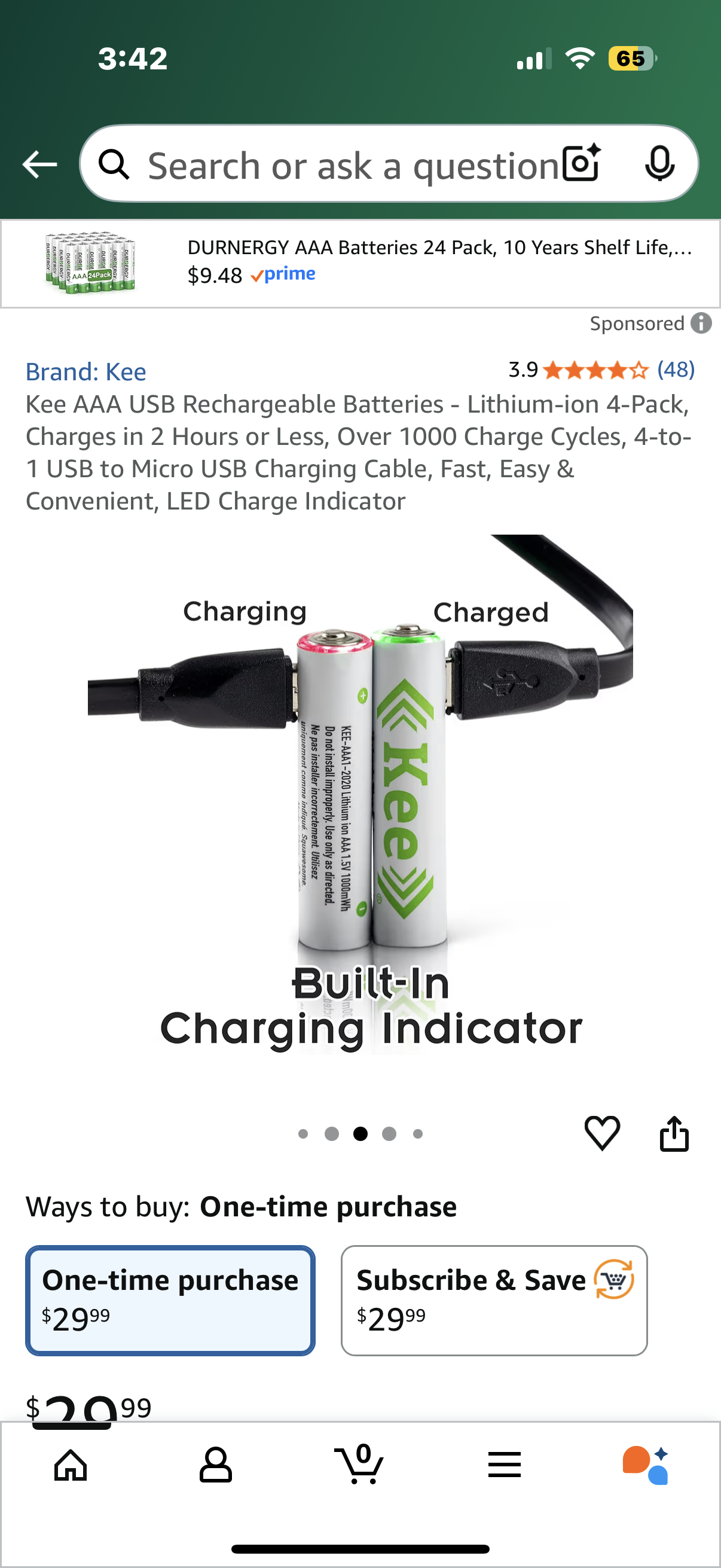 Kee AAA USB Rechargeable Batteries - Lithium-ion 4-Pack, Charges in 2 Hours or Less, Over 1000 Charge Cycles, 4-to-1 USB to Micro USB Charging Cable, Fast, Easy & Convenient, LED Charge Indicator