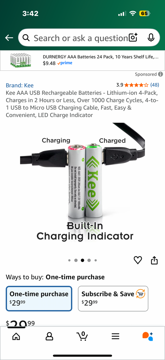 Kee AAA USB Rechargeable Batteries - Lithium-ion 4-Pack, Charges in 2 Hours or Less, Over 1000 Charge Cycles, 4-to-1 USB to Micro USB Charging Cable, Fast, Easy & Convenient, LED Charge Indicator
