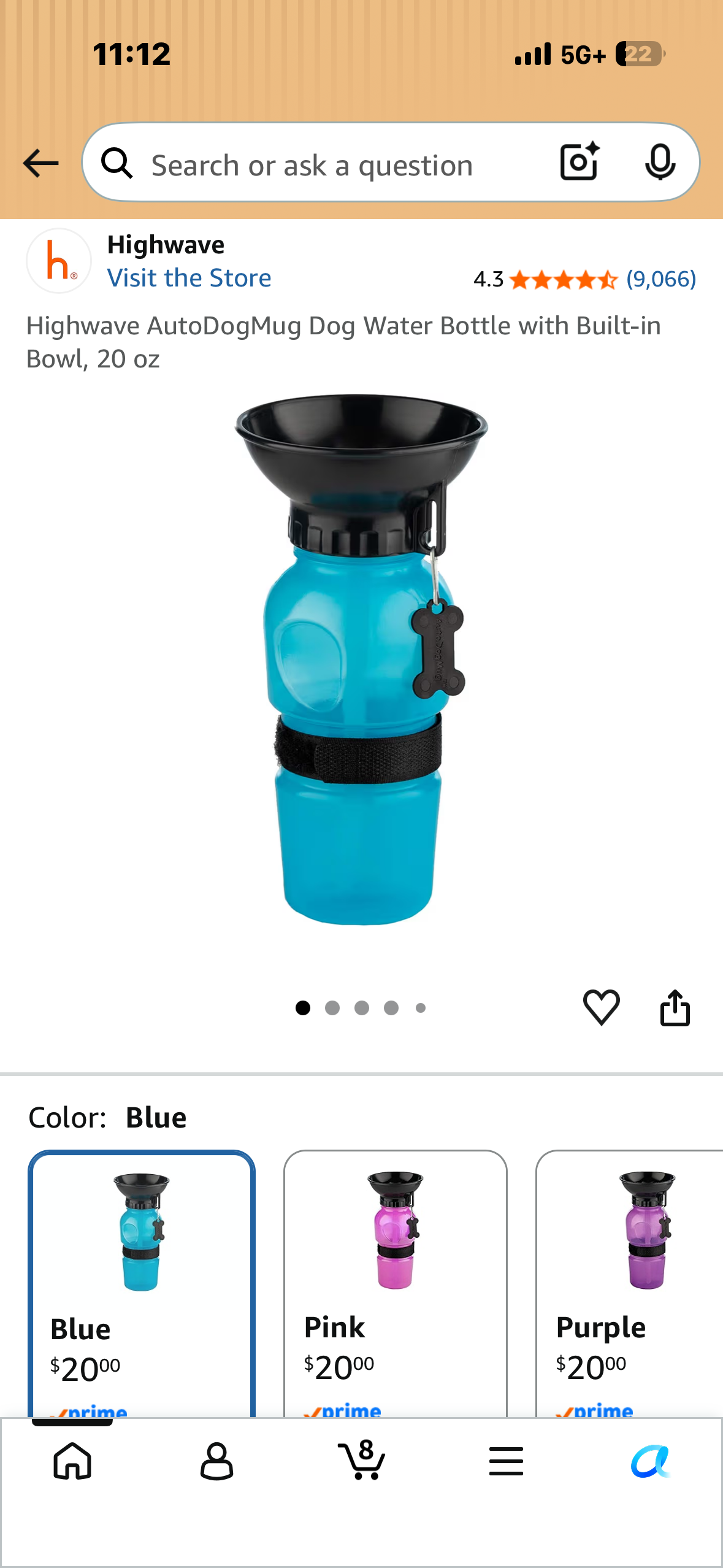 Highwave AutoDogMug Dog Water Bottle with Built-in Bowl, 20 oz