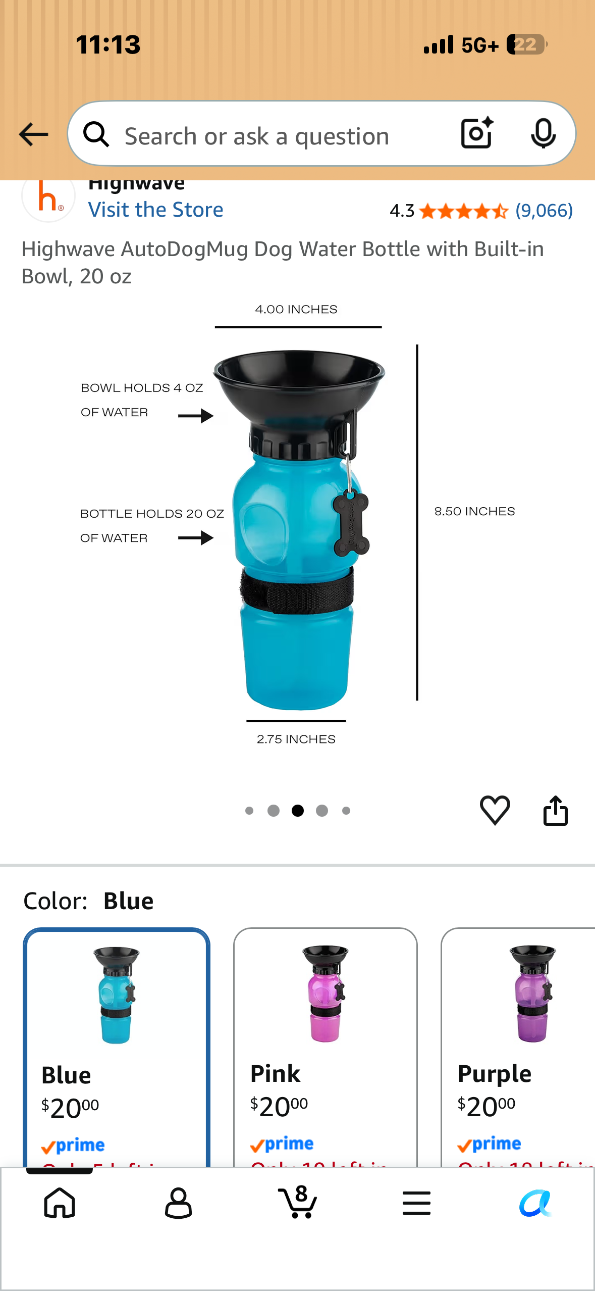 Highwave AutoDogMug Dog Water Bottle with Built-in Bowl, 20 oz