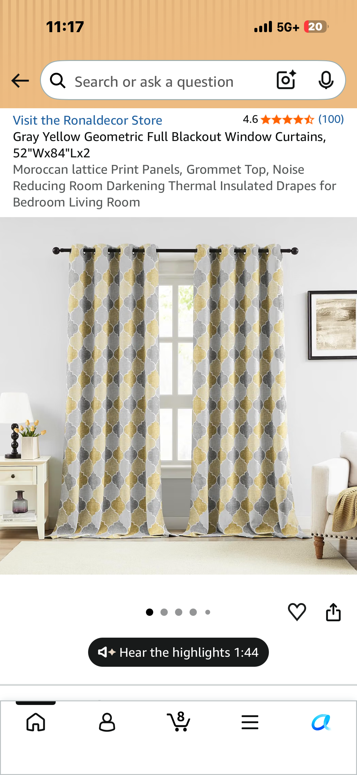 Gray Yellow Geometric Full Blackout Window Curtains, 52"Wx84"Lx2 Moroccan lattice Print Panels, Grommet Top, Noise Reducing Room Darkening Thermal Insulated Drapes for Bedroom Living Room (2-Panels)