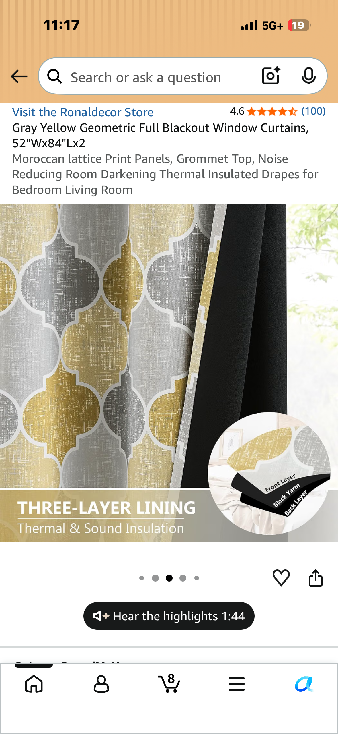 Gray Yellow Geometric Full Blackout Window Curtains, 52"Wx84"Lx2 Moroccan lattice Print Panels, Grommet Top, Noise Reducing Room Darkening Thermal Insulated Drapes for Bedroom Living Room (2-Panels)