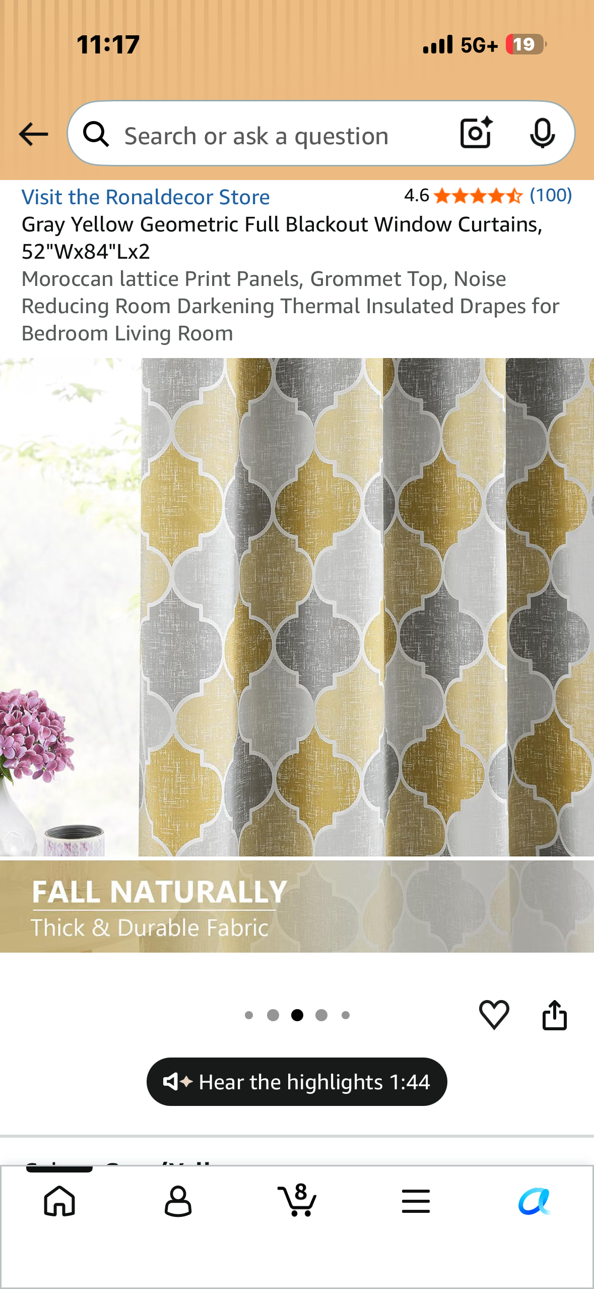 Gray Yellow Geometric Full Blackout Window Curtains, 52"Wx84"Lx2 Moroccan lattice Print Panels, Grommet Top, Noise Reducing Room Darkening Thermal Insulated Drapes for Bedroom Living Room (2-Panels)