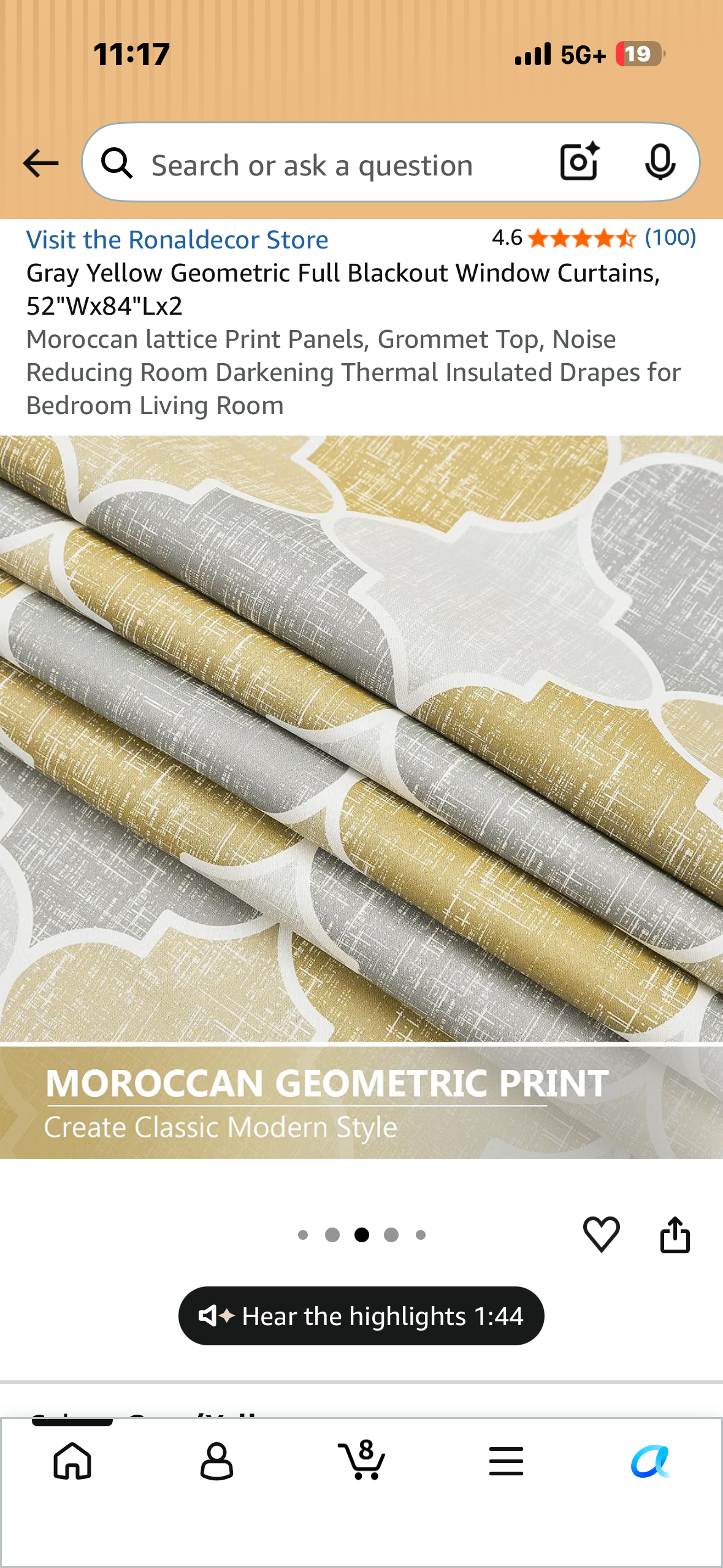 Gray Yellow Geometric Full Blackout Window Curtains, 52"Wx84"Lx2 Moroccan lattice Print Panels, Grommet Top, Noise Reducing Room Darkening Thermal Insulated Drapes for Bedroom Living Room (2-Panels)