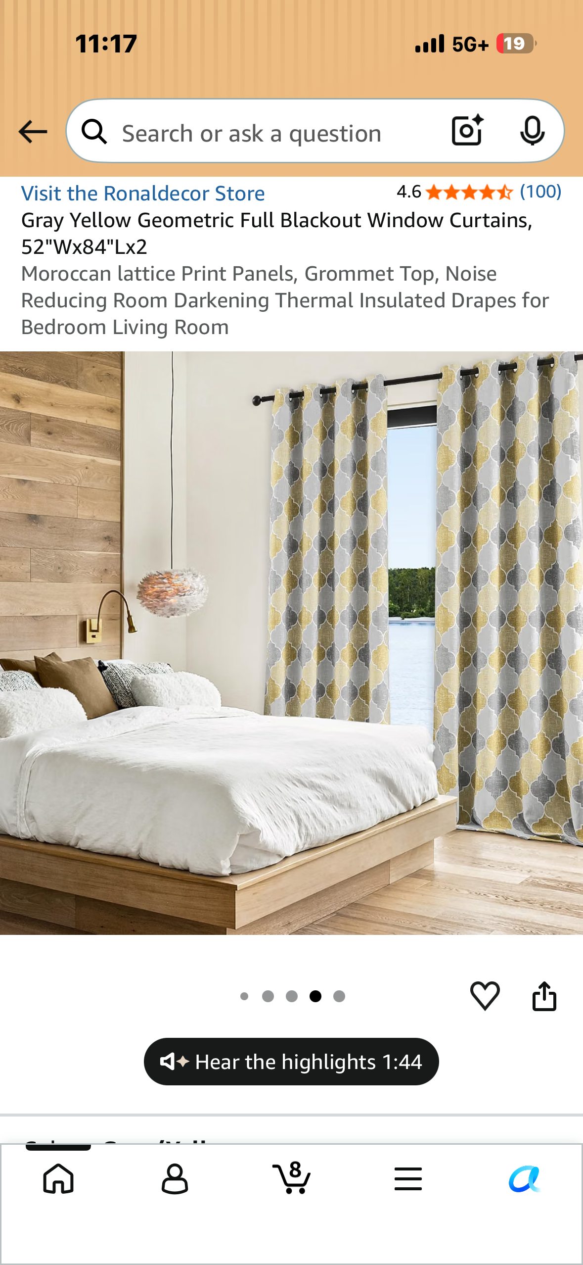 Gray Yellow Geometric Full Blackout Window Curtains, 52"Wx84"Lx2 Moroccan lattice Print Panels, Grommet Top, Noise Reducing Room Darkening Thermal Insulated Drapes for Bedroom Living Room (2-Panels)