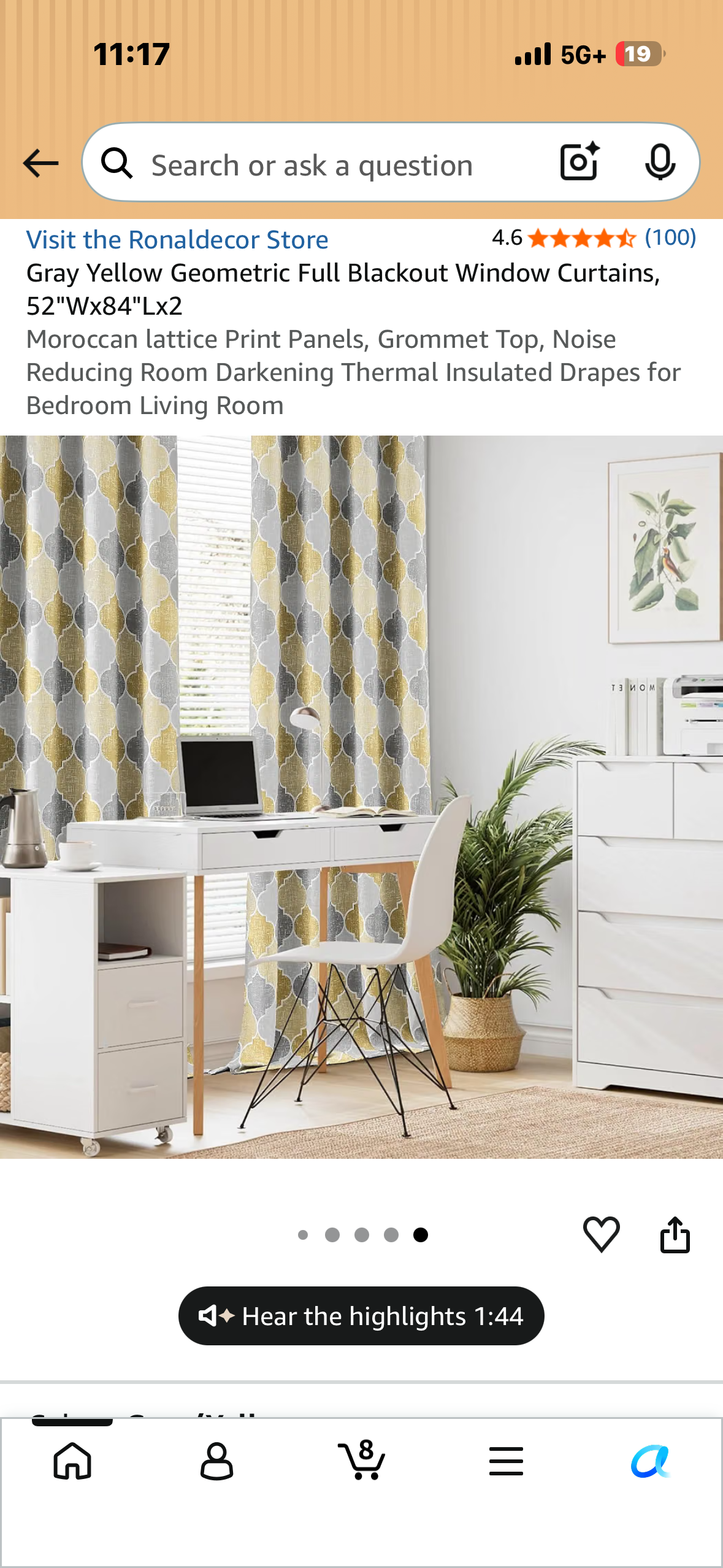Gray Yellow Geometric Full Blackout Window Curtains, 52"Wx84"Lx2 Moroccan lattice Print Panels, Grommet Top, Noise Reducing Room Darkening Thermal Insulated Drapes for Bedroom Living Room (2-Panels)