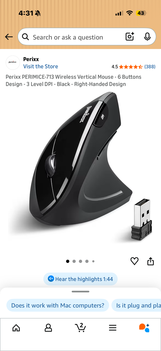 Perixx PERIMICE-713 Wireless Vertical Mouse - 6 Buttons Design - 3 Level DPI - Black - Right-Handed Design