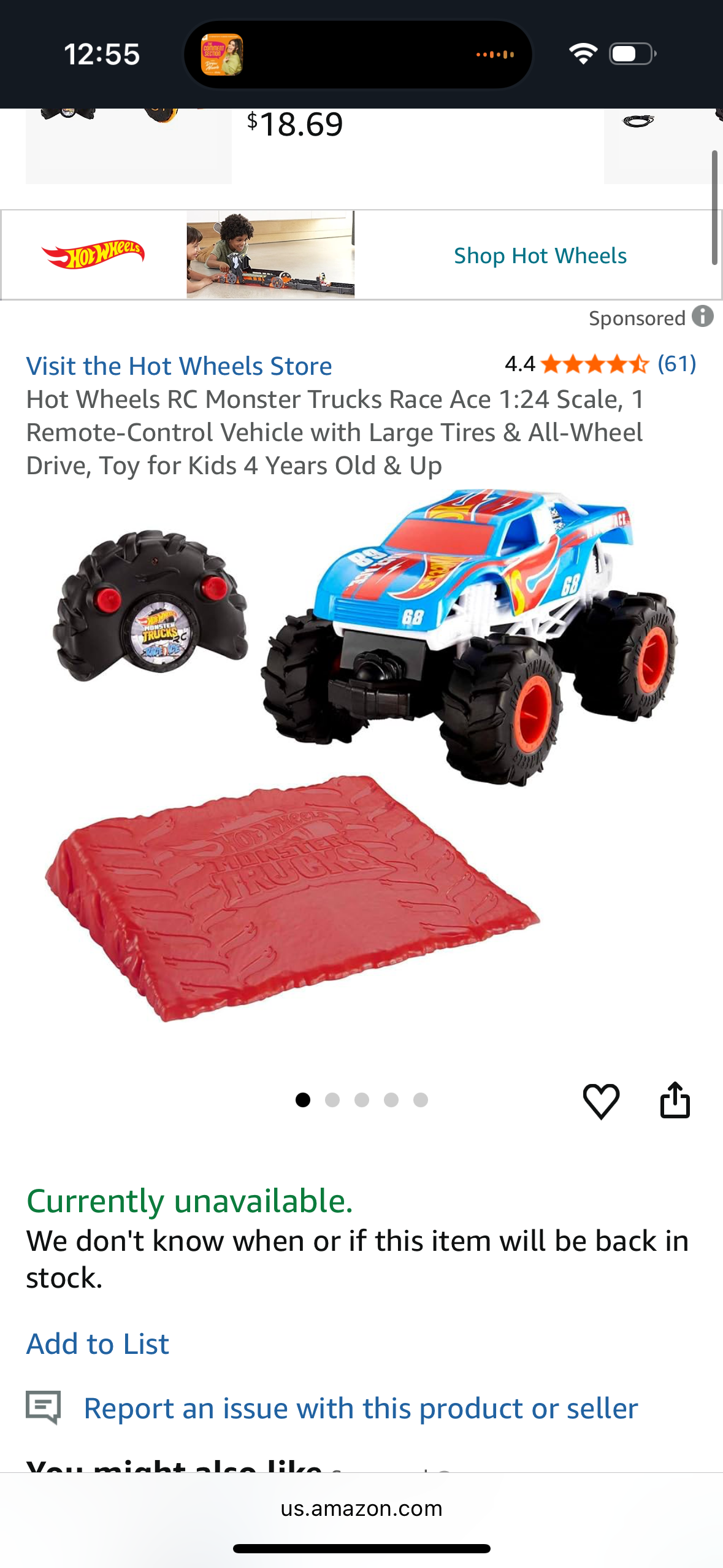 Hot Wheels RC Monster Trucks Race Ace 1:24 Scale, 1 Remote-Control Vehicle with Large Tires & All-Wheel Drive, Toy for Kids 4 Years Old & Up