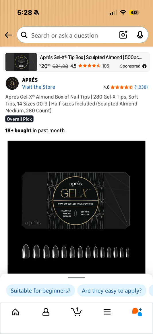 Apres Gel-X® Almond Box of Nail Tips | 280 Gel-X Tips, Soft Tips, 14 Sizes 00-9 | Half-sizes Included (Sculpted Almond Medium, 280 Count)