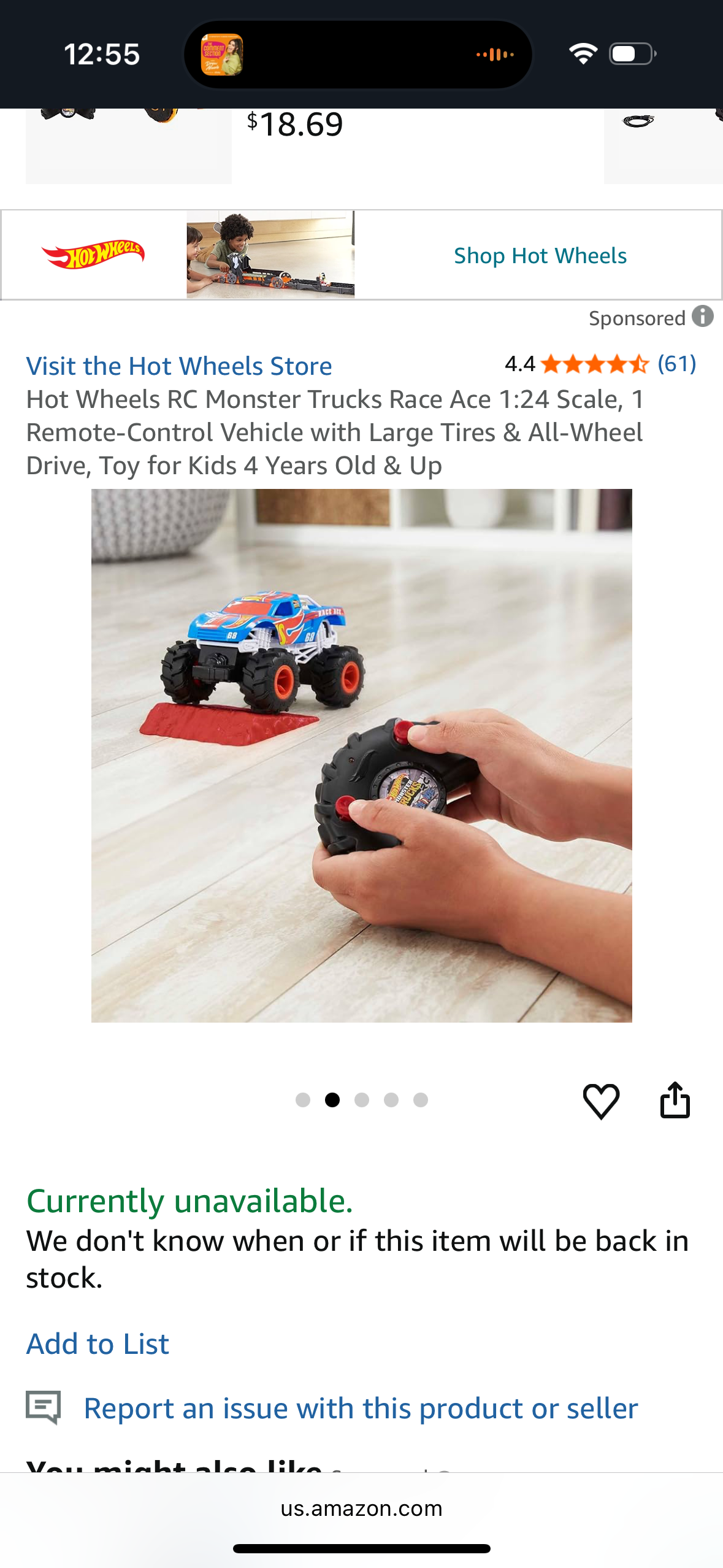 Hot Wheels RC Monster Trucks Race Ace 1:24 Scale, 1 Remote-Control Vehicle with Large Tires & All-Wheel Drive, Toy for Kids 4 Years Old & Up