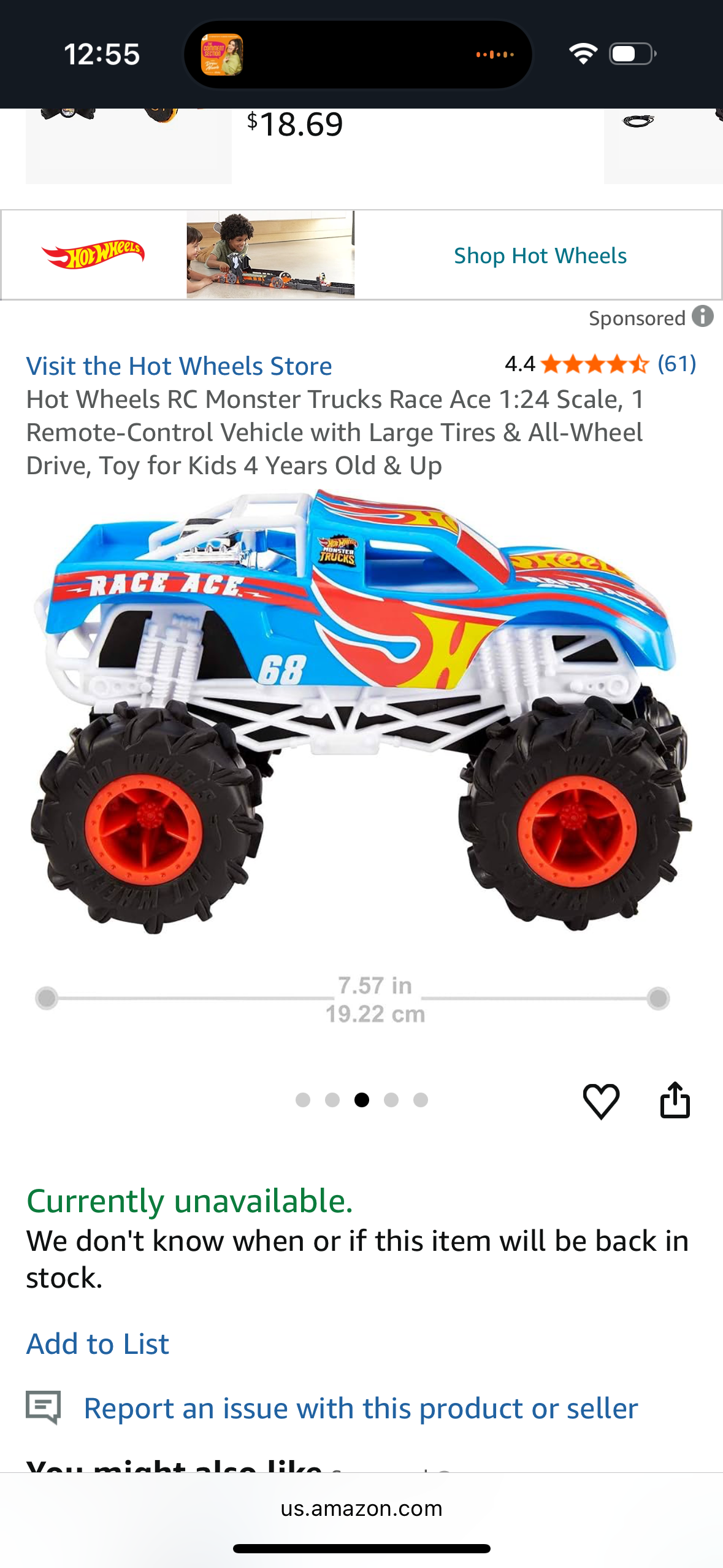 Hot Wheels RC Monster Trucks Race Ace 1:24 Scale, 1 Remote-Control Vehicle with Large Tires & All-Wheel Drive, Toy for Kids 4 Years Old & Up