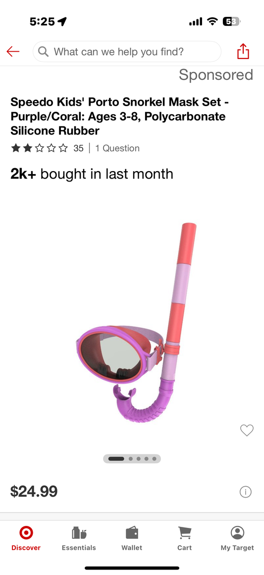 Speedo Kids' Porto Snorkel Mask Set - Purple/Coral: Ages 3-8, Polycarbonate Silicone Rubber