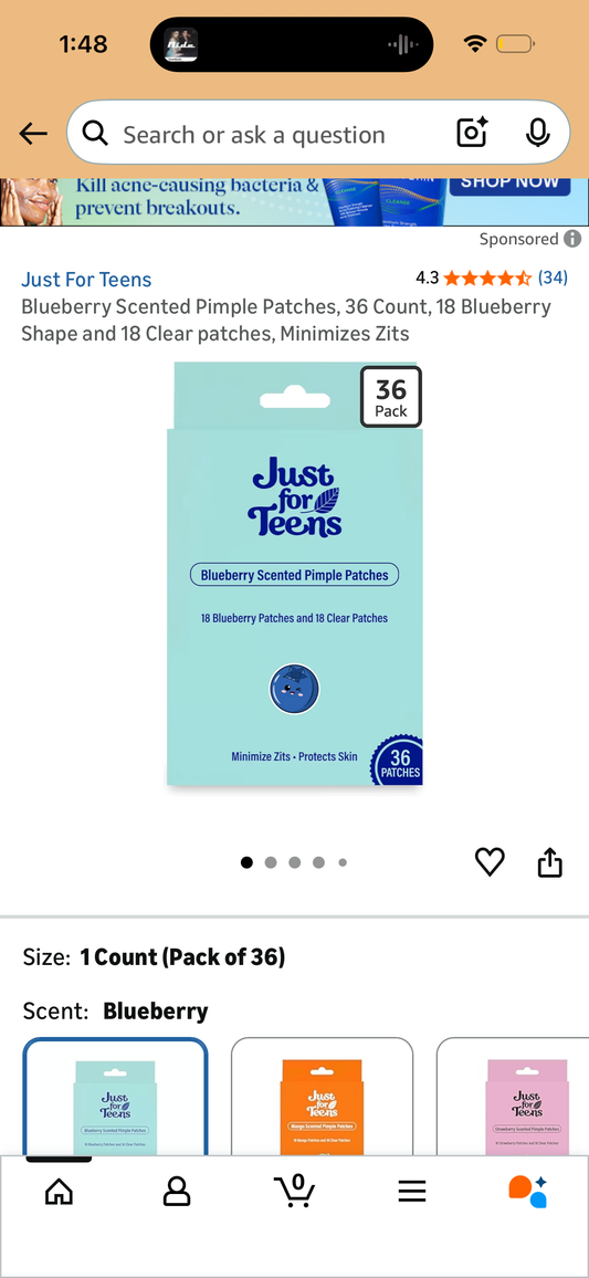 Blueberry Scented Pimple Patches, 36 Count, 18 Blueberry Shape and 18 Clear patches, Minimizes Zits