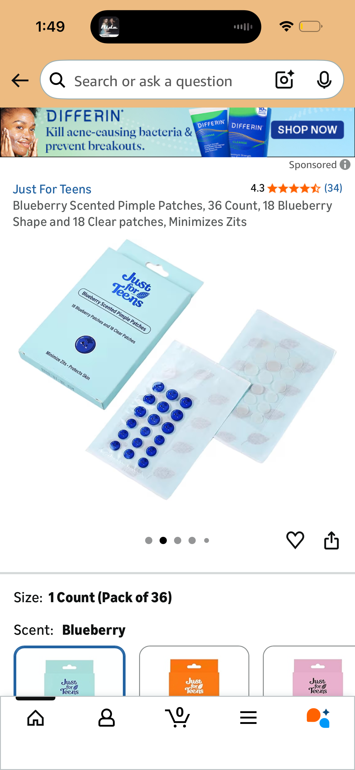 Blueberry Scented Pimple Patches, 36 Count, 18 Blueberry Shape and 18 Clear patches, Minimizes Zits