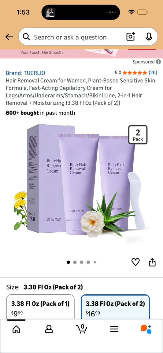 Hair Removal Cream for Women, Plant-Based Sensitive Skin Formula, Fast-Acting Depilatory Cream for Legs/Arms/Underarms/Stomach/Bikini Line, 2-in-1 Hair Removal + Moisturizing (3.38 Fl Oz (Pack of 2))
