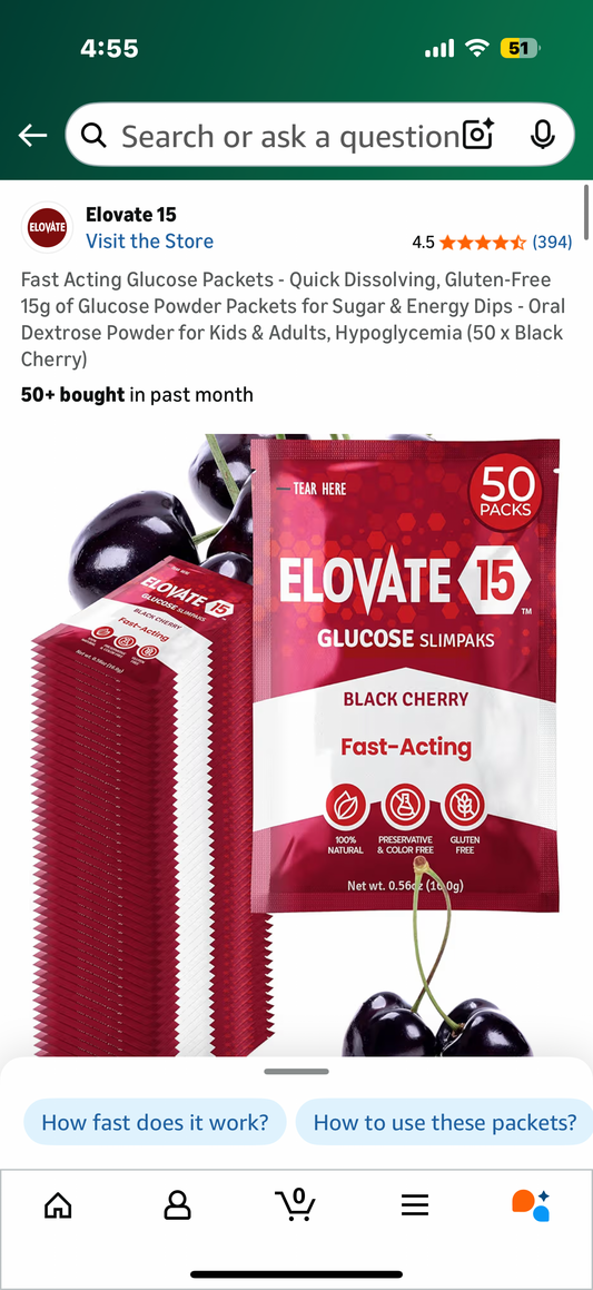 Fast Acting Glucose Packets - Quick Dissolving, Gluten-Free 15g of Glucose Powder Packets for Sugar & Energy Dips - Oral Dextrose Powder for Kids & Adults, Hypoglycemia (50 x Black Cherry)