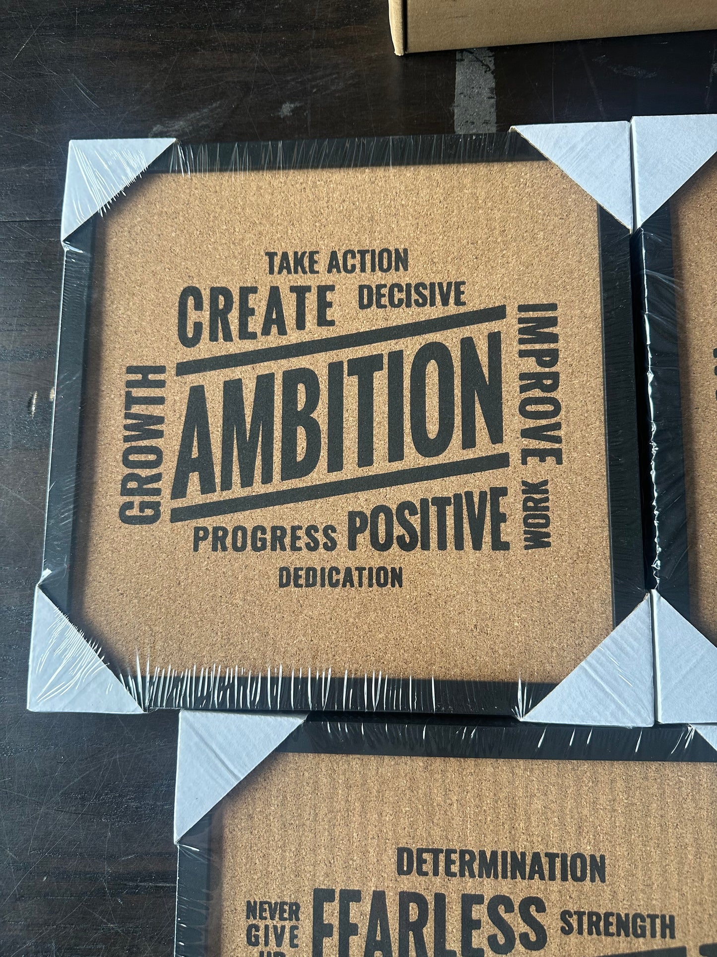 Framed Cork Boards, 4 Pack, 12" x 12" with Motivational Words for Home, School - Mini Durable Pin Boards for Walls - All Purpose BupatiesBoard for Teachers - Premium Office