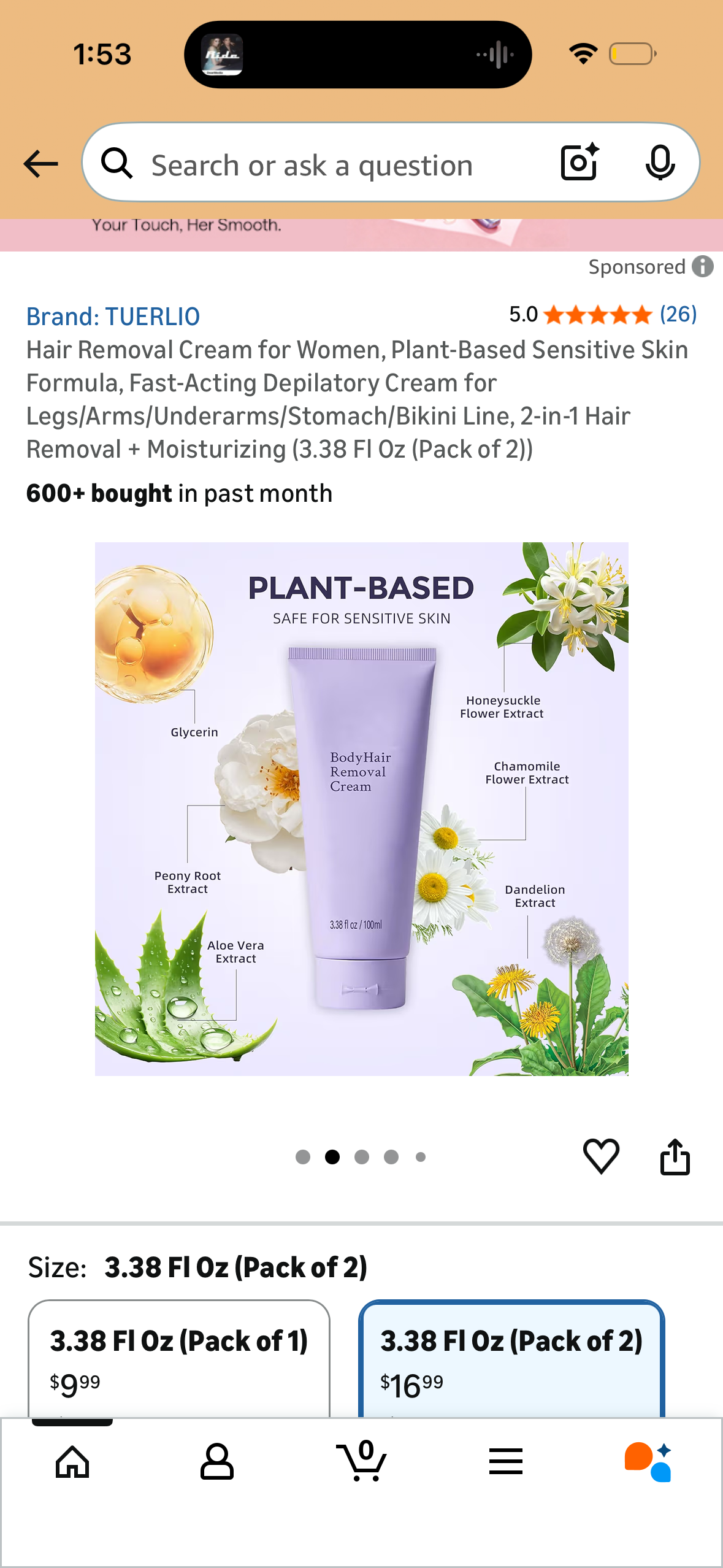 Hair Removal Cream for Women, Plant-Based Sensitive Skin Formula, Fast-Acting Depilatory Cream for Legs/Arms/Underarms/Stomach/Bikini Line, 2-in-1 Hair Removal + Moisturizing (3.38 Fl Oz (Pack of 2))