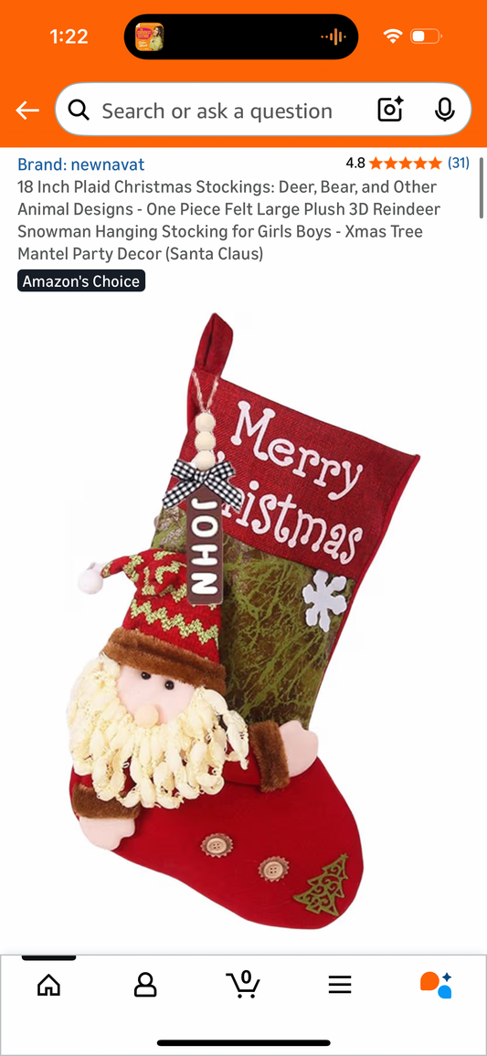 18 Inch Plaid Christmas Stockings: Deer, Bear, and Other Animal Designs - One Piece Felt Large Plush 3D Reindeer Snowman Hanging Stocking for Girls Boys - Xmas Tree Mantel Party Decor (Santa Claus)