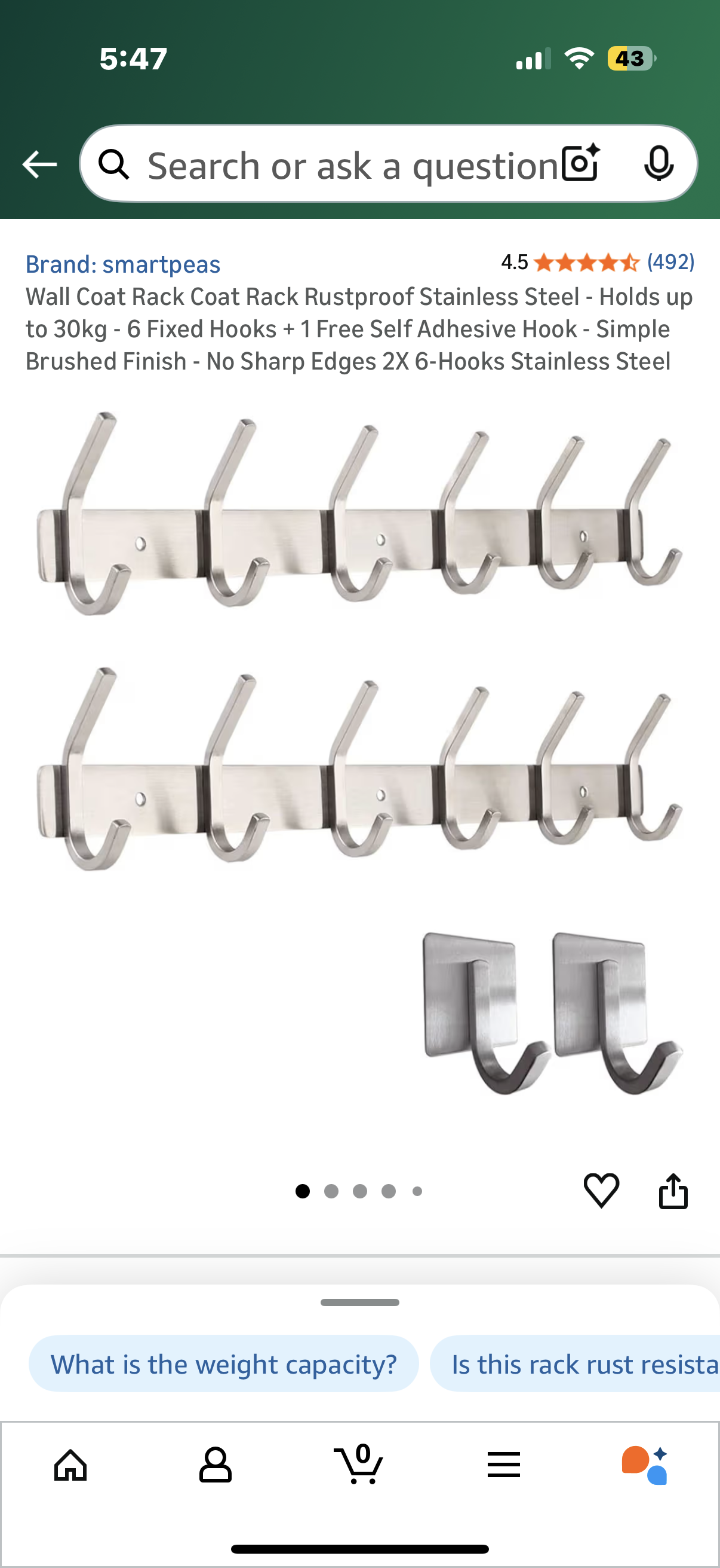 Wall Coat Rack Coat Rack Rustproof Stainless Steel - Holds up to 30kg - 6 Fixed Hooks + 1 Free Self Adhesive Hook - Simple Brushed Finish - No Sharp Edges 2X 6-Hooks Stainless Steel