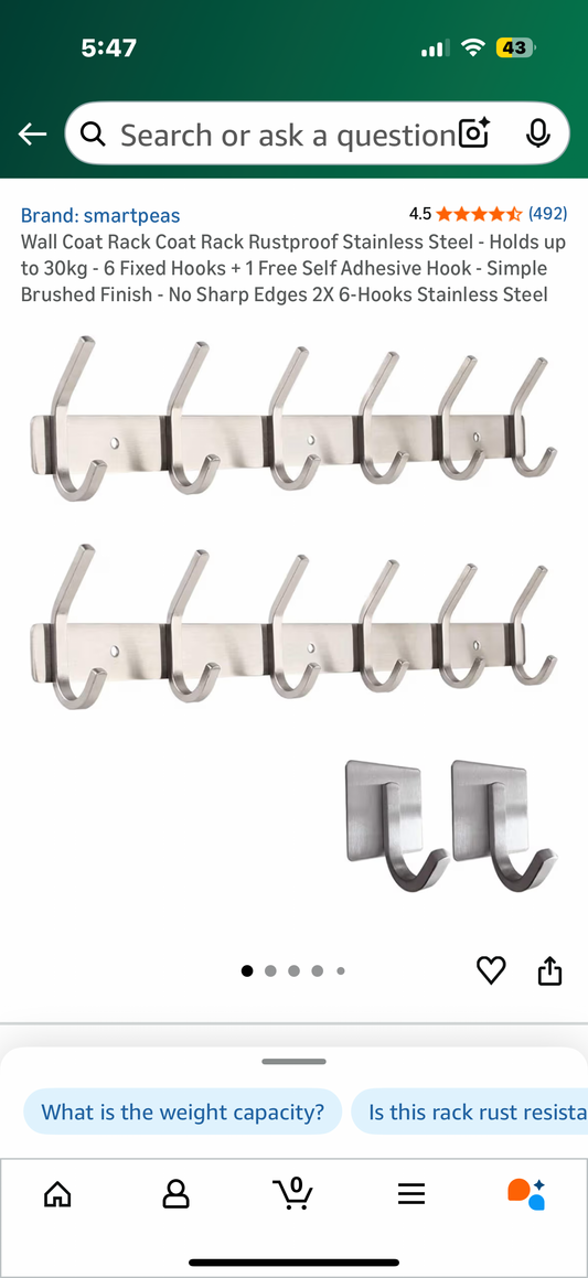 Wall Coat Rack Coat Rack Rustproof Stainless Steel - Holds up to 30kg - 6 Fixed Hooks + 1 Free Self Adhesive Hook - Simple Brushed Finish - No Sharp Edges 2X 6-Hooks Stainless Steel